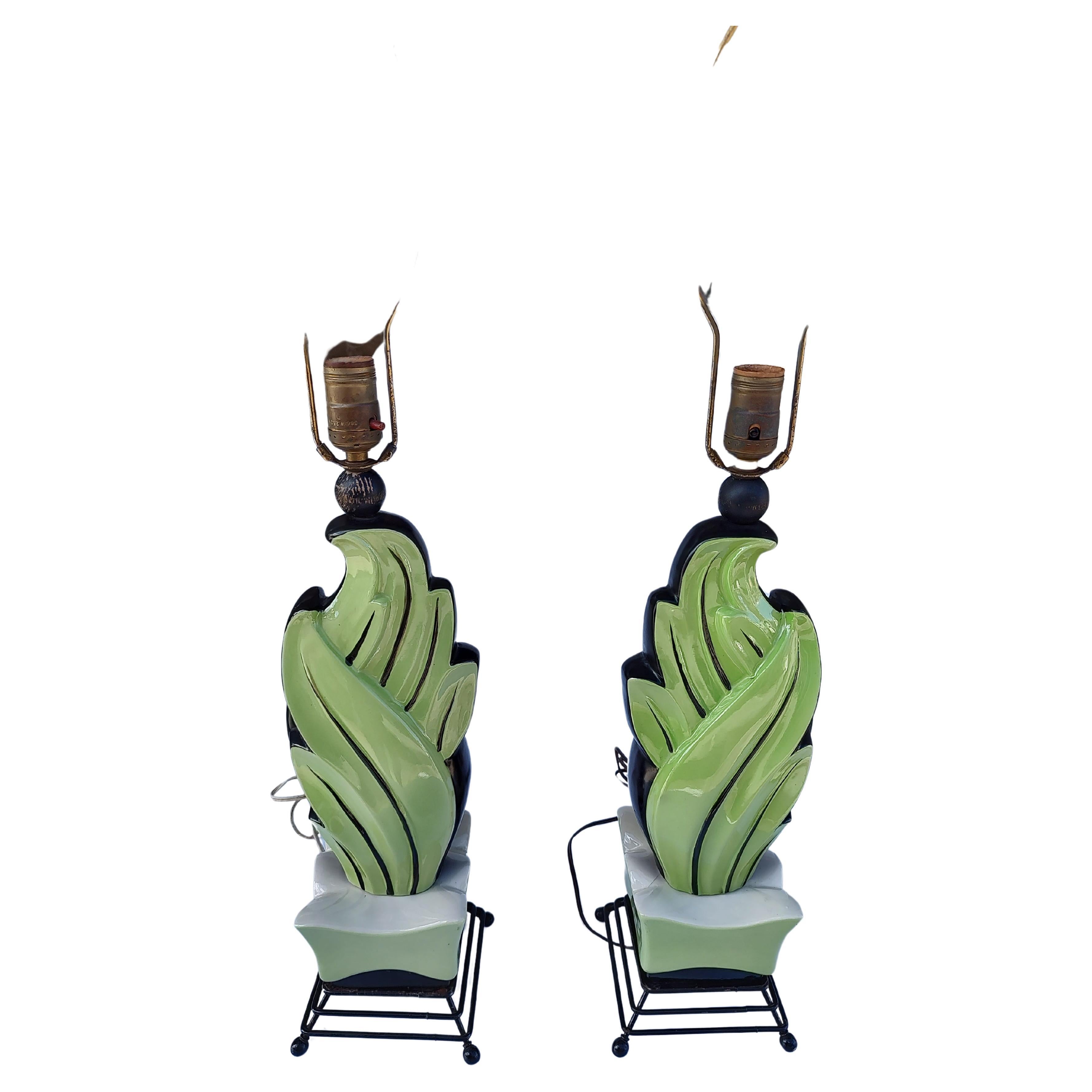 Mid-20th Century Pair of Mid Century Modern 1950s Ceramic & Iron Table Lamps with Original Shades