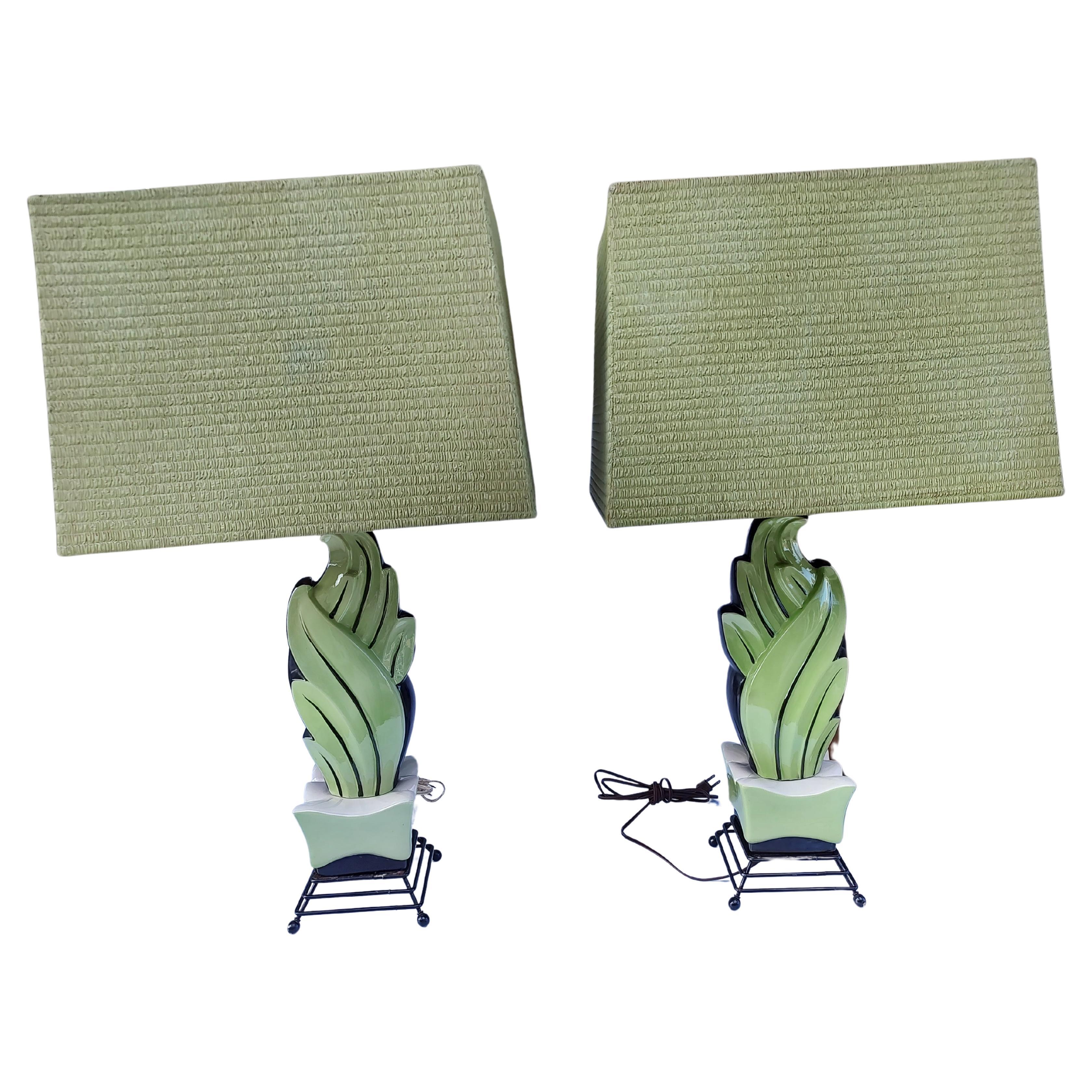 Pair of Mid Century Modern 1950s Ceramic & Iron Table Lamps with Original Shades