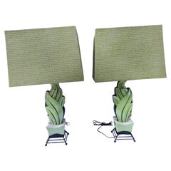 Pair of Mid Century Modern 1950s Ceramic & Iron Table Lamps with Original Shades