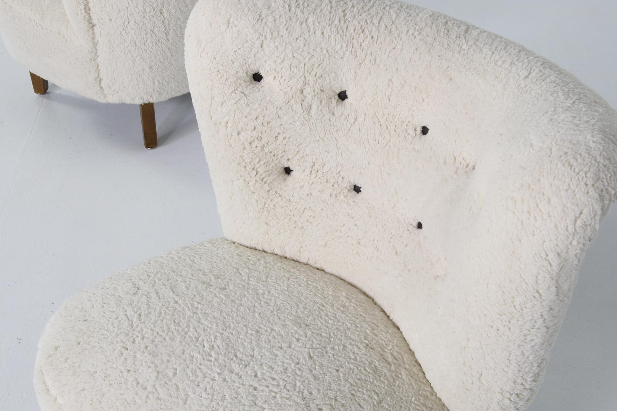 Mid-Century Modern Pair Mid-Century 1950s Lounge Chairs Teddy Fur & Leather attr. to Gosta Jonsson
