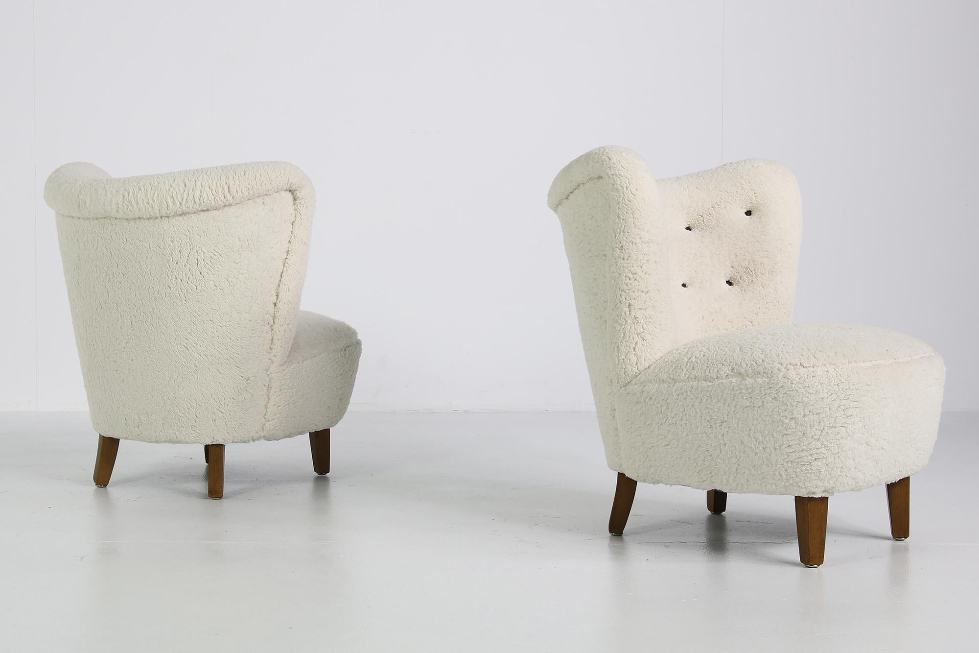 Swedish Pair Mid-Century 1950s Lounge Chairs Teddy Fur & Leather attr. to Gosta Jonsson