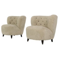 Pair of Mid-Century Modern 1950s Lounge Chairs Teddy Fur & Leather, Otto Schultz