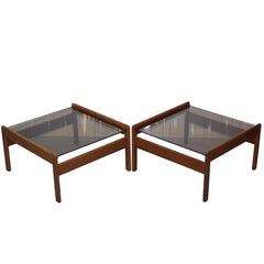 Pair of Mid-Century Modern 1960s Danish Teak Side Tables with Glass Tops Lovely