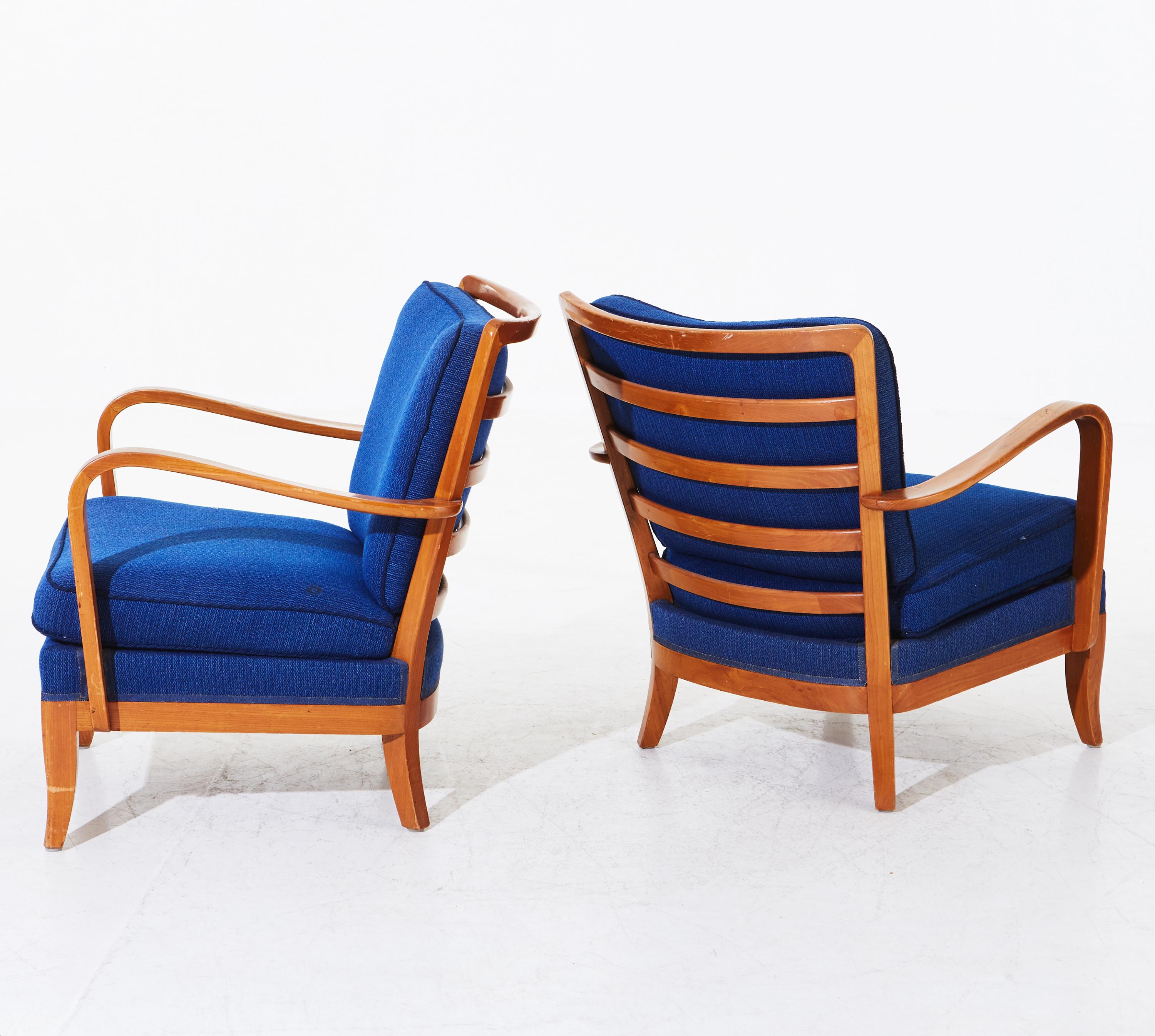 European Pair of Mid Century Modern Accent Lounge Chairs with Blue Upholstery