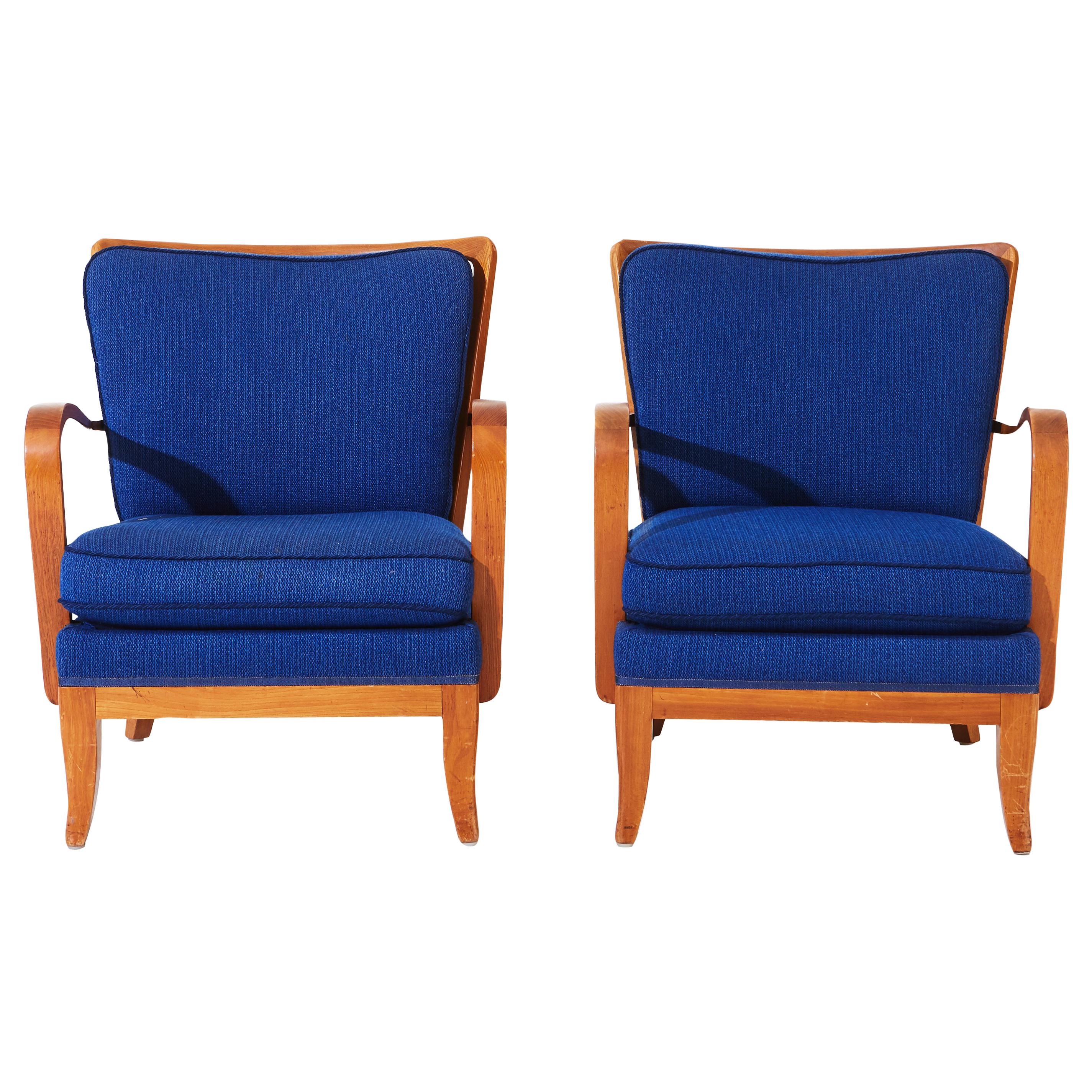 Pair of Mid Century Modern Accent Lounge Chairs with Blue Upholstery
