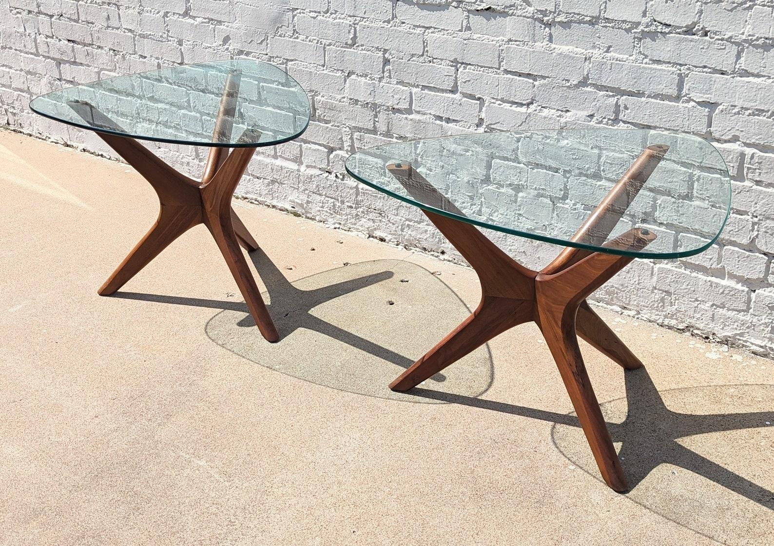 Mid Century Modern Adrian Pearsall Jacks Side Tables

Sold as pair. Above average vintage condition and structurally sound. Have some expected slight finish wear and scratching. Glass has no edge chips but does have some surface scratching. Outdoor