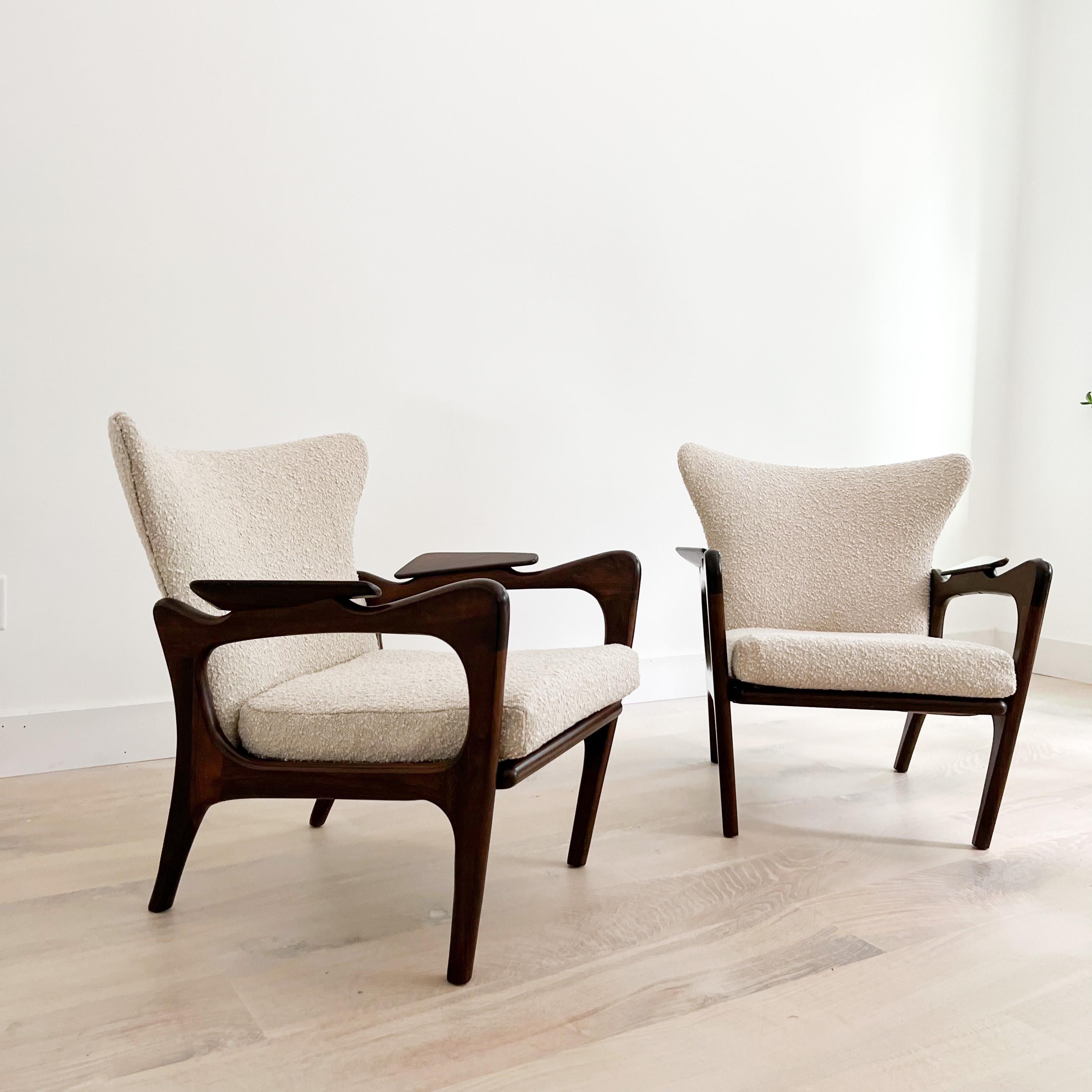 Pair of Mid-Century Modern Adrian Pearsall Lounge Chairs, New Boucle Upholstery In Good Condition In Asheville, NC