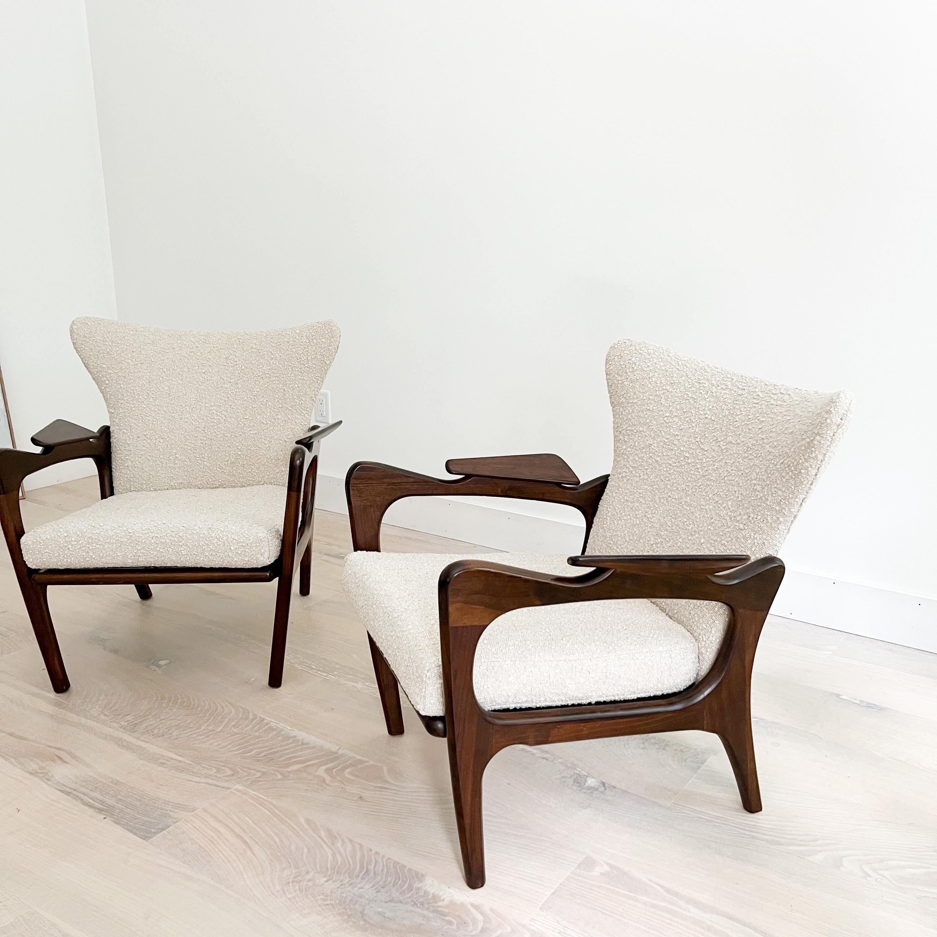 Mid-20th Century Pair of Mid-Century Modern Adrian Pearsall Lounge Chairs, New Boucle Upholstery