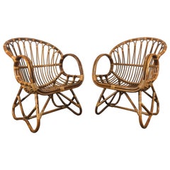 Pair of Mid-Century Modern after Franco Albini Bamboo or Rattan Lounge Chairs