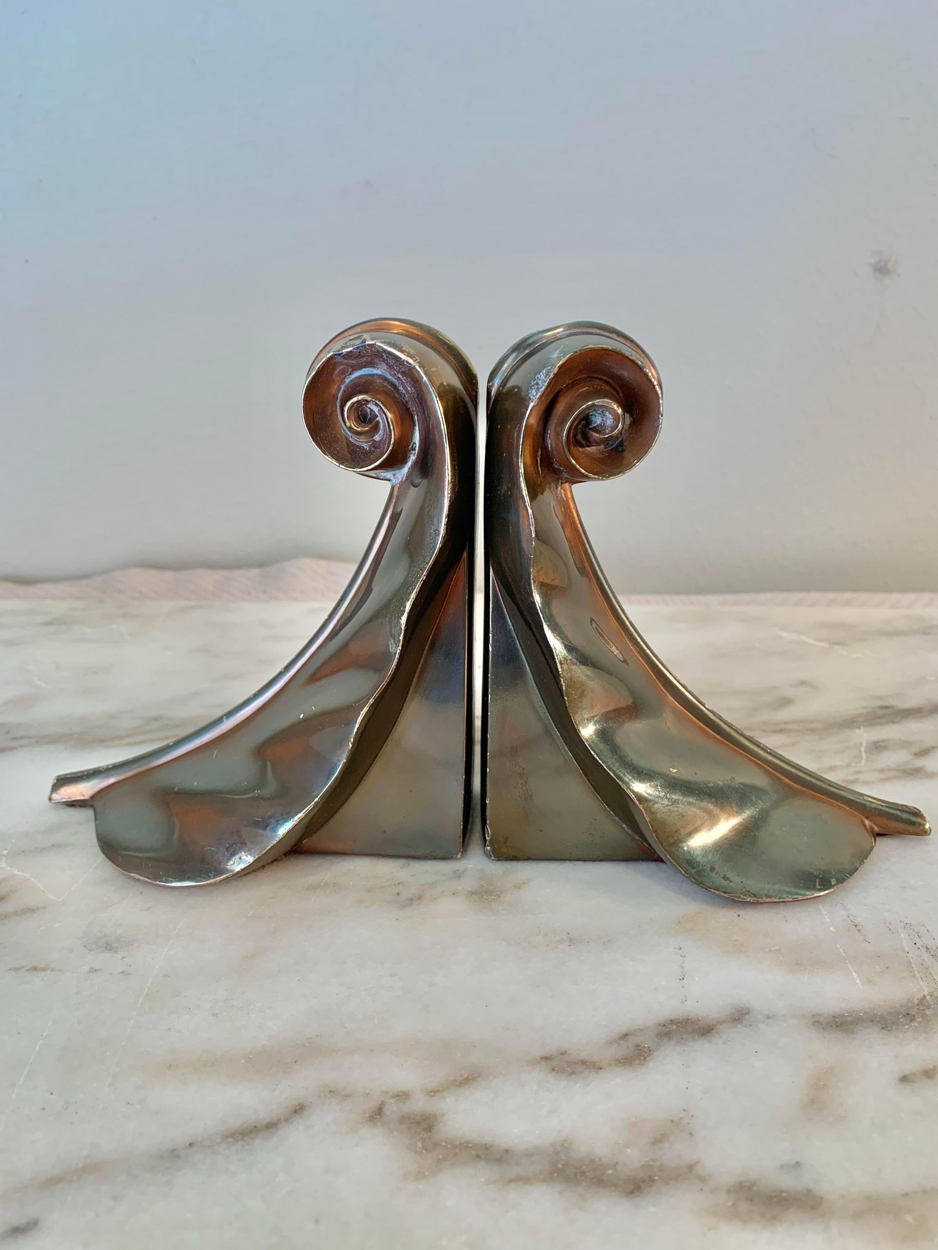 American Pair of Mid Century Modern Aged Brass Acanthus Leaf Scroll Bookends
