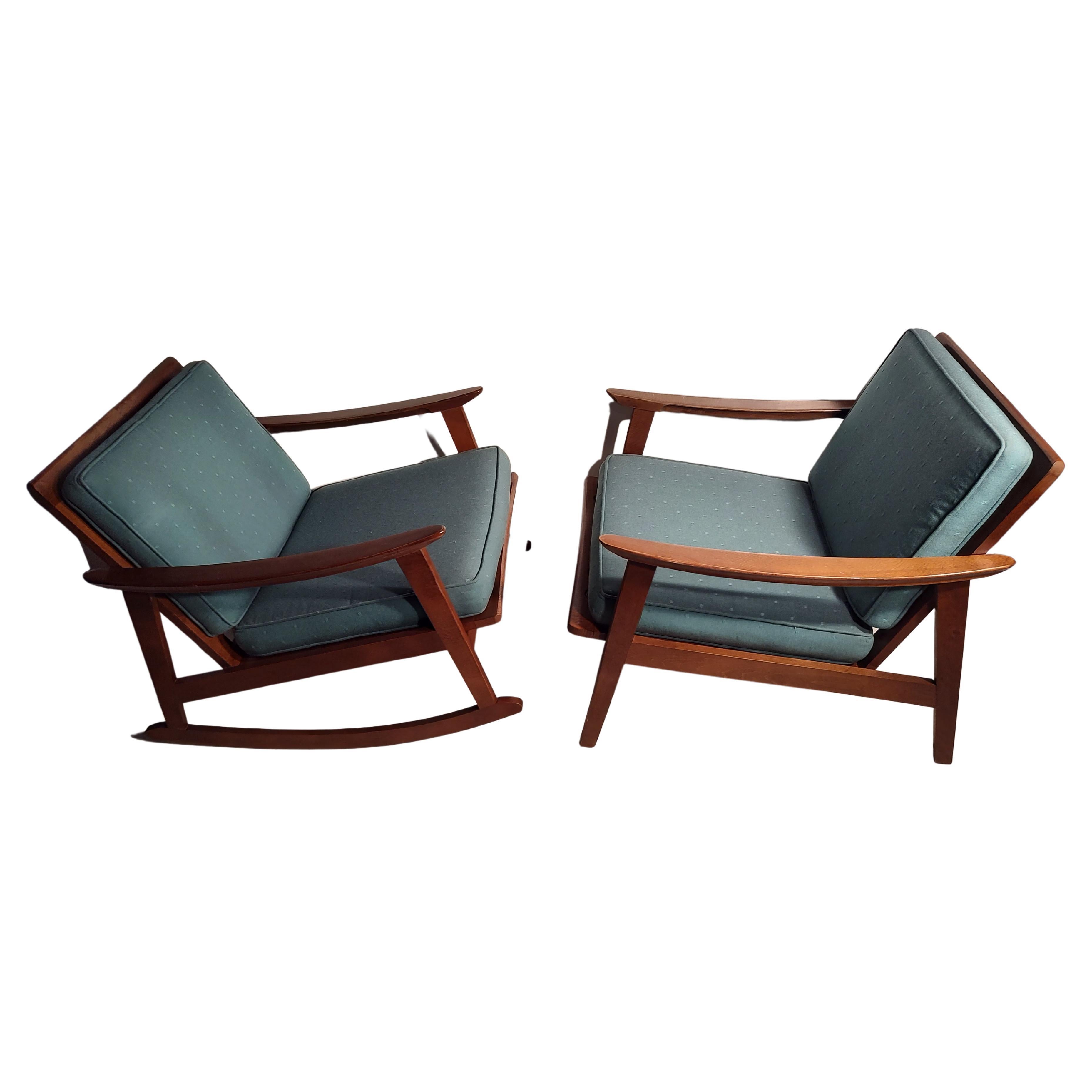 Pair of Mid Century Modern American Walnut Armchair & Rocker New Cushions