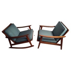 Pair of Mid Century Modern American Walnut Armchair & Rocker New Cushions