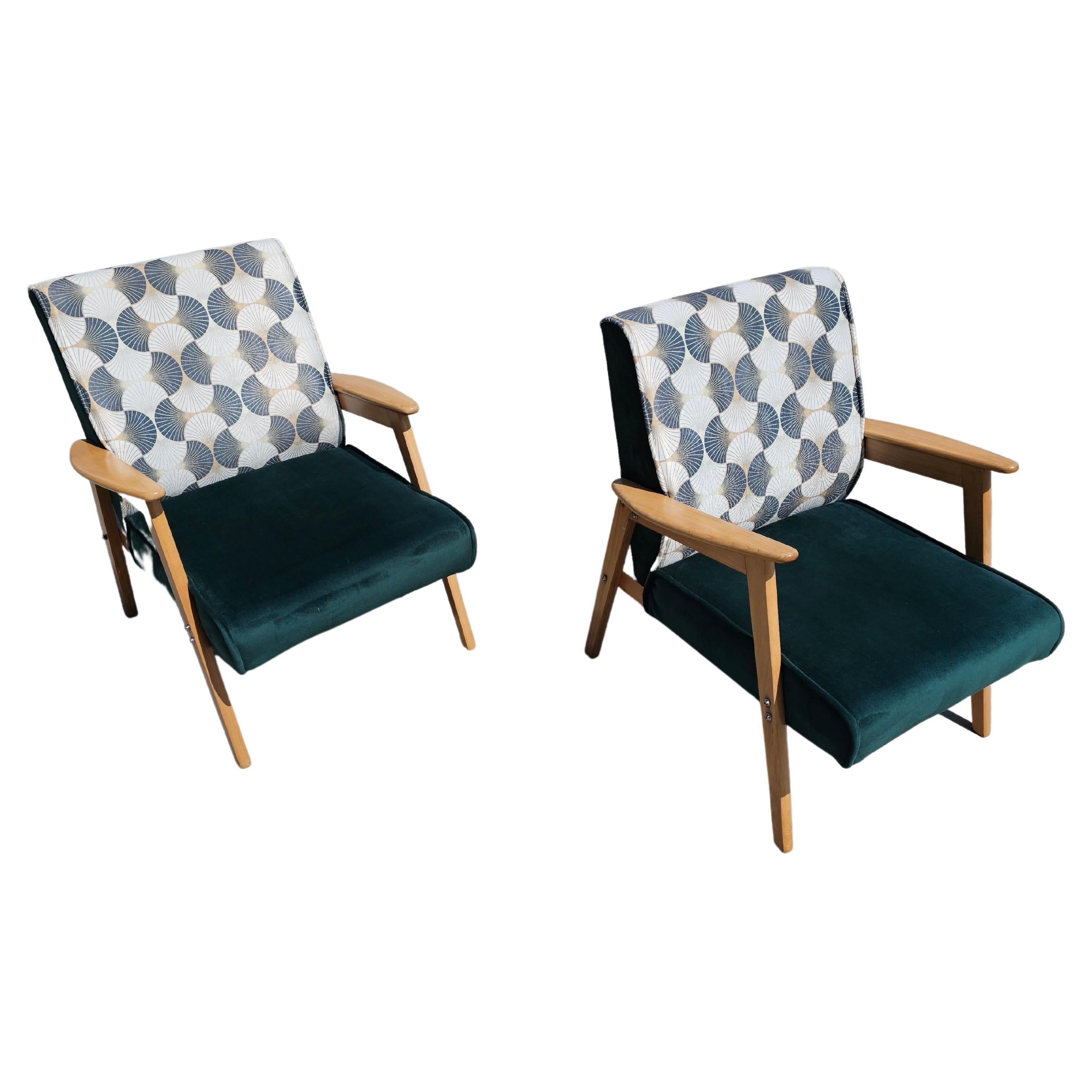 Pair of Mid-Century Modern Armchairs, Reupholstered, Made in Yugoslavia, 1960s