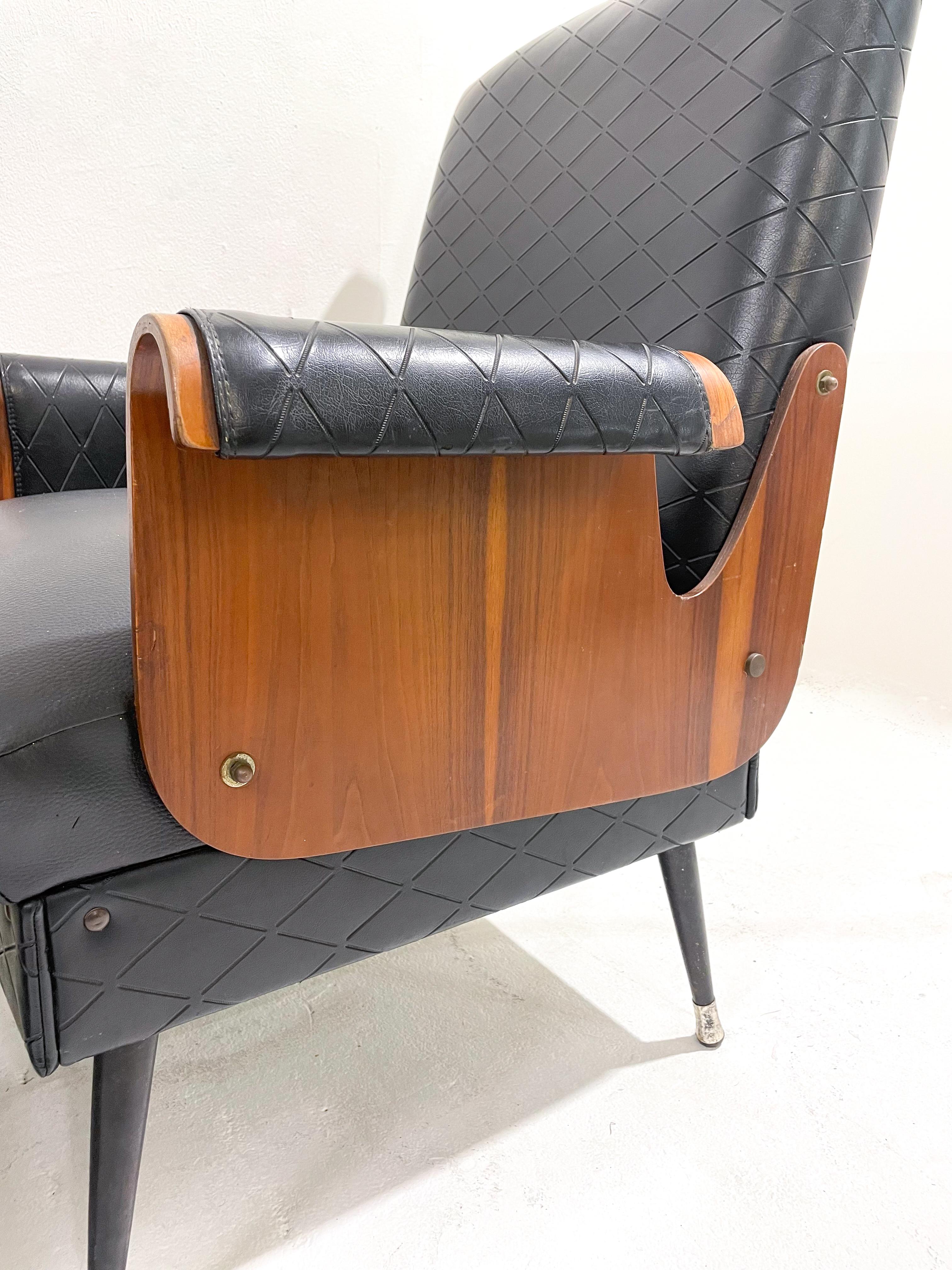 Faux Leather Pair of Mid-Century Modern Armchairs, Walnut and Vegan Leather, Italy, 1960s For Sale