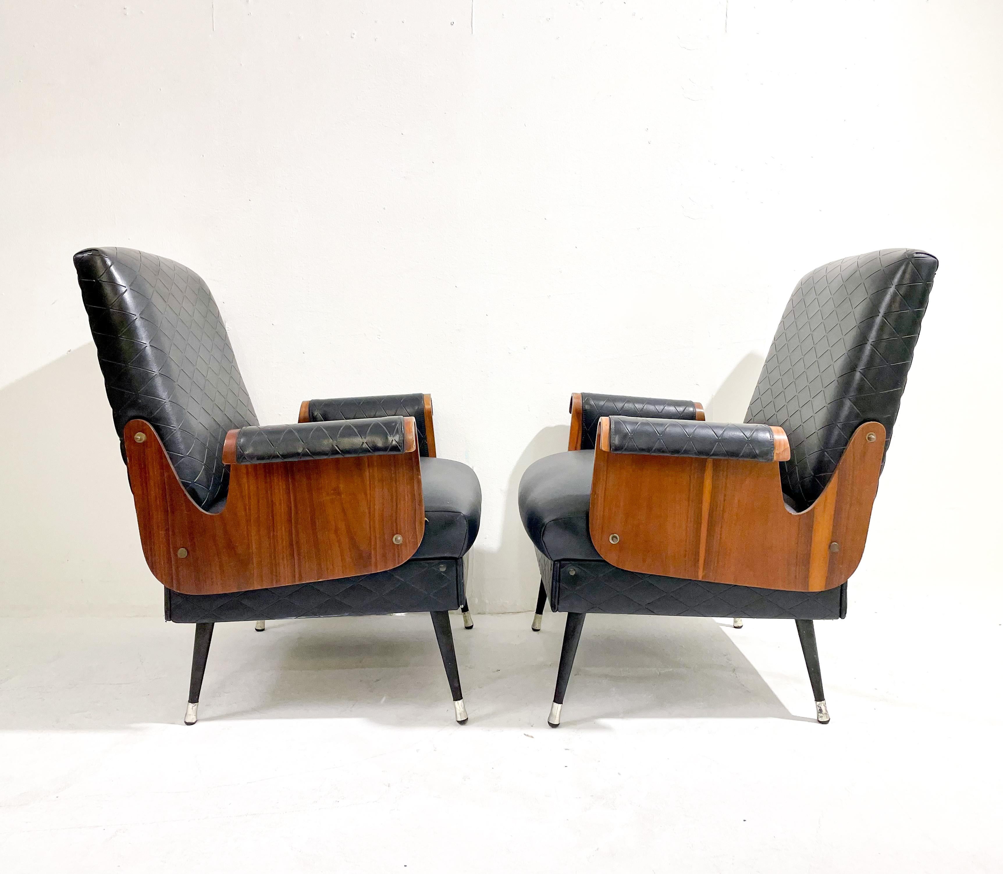 Pair of Mid-Century Modern Armchairs, Walnut and Vegan Leather, Italy, 1960s For Sale 2