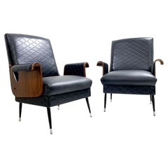 Retro Pair of Mid-Century Modern Armchairs, Walnut and Vegan Leather, Italy, 1960s
