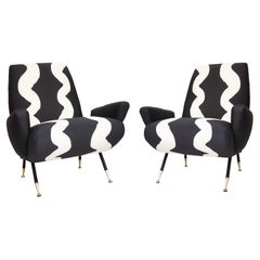 Retro Pair of Mid-Century Modern Armchairs with Linen and Brass Legs, Italy, 1950