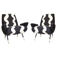 Pair of Mid-Century Modern Armchairs with Linen and Brass Legs, Italy, 1950