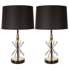 Pair of Mid-Century Modern Atomic Age Brass and Black Enamel Table Lamps