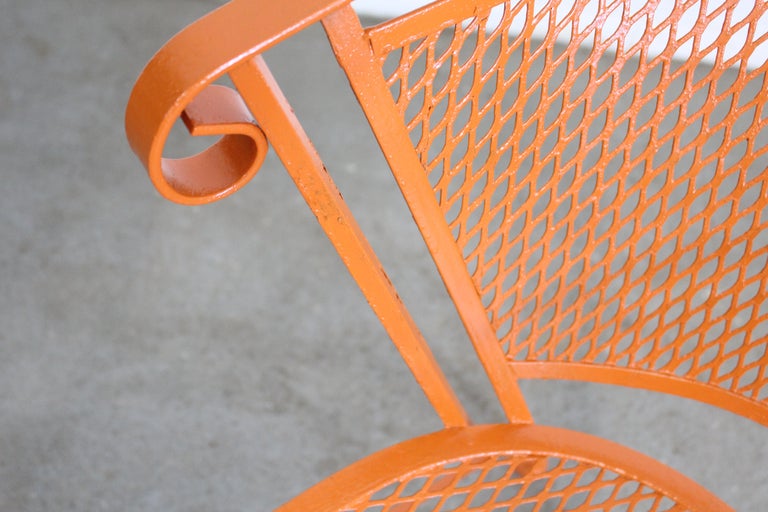 Pair of Mid-Century Modern Atomic Orange Outdoor Metal Curved Back Chairs For Sale 11