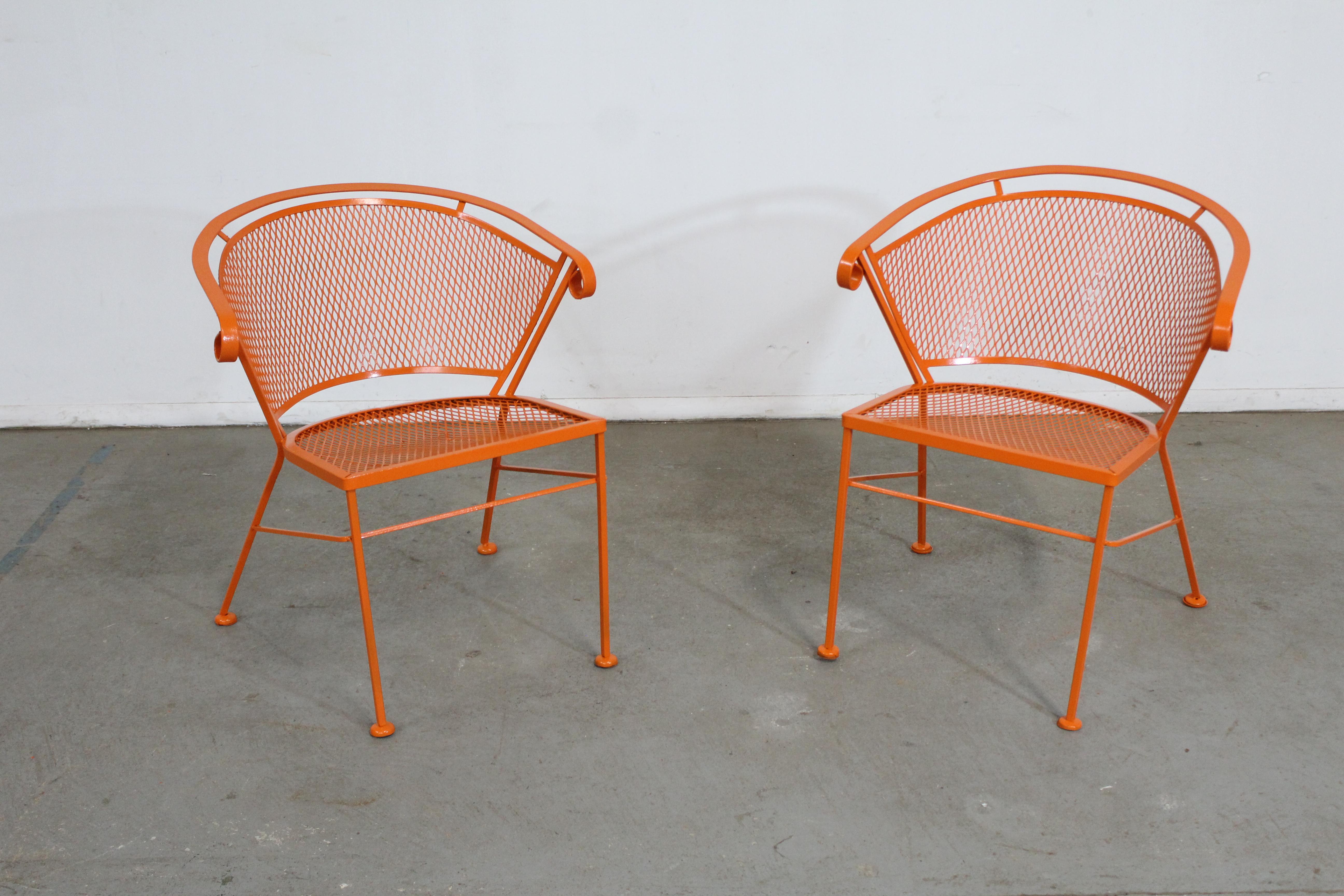 Pair of Mid-Century Modern Atomic Orange Salterini Style Outdoor Metal Curved Back Chairs

Offered is a pair of Pair of Mid-Century Modern Atomic orange Outdoor Metal Curved Back Chairs, circa 1968. These chairs have been repainted in an atomic