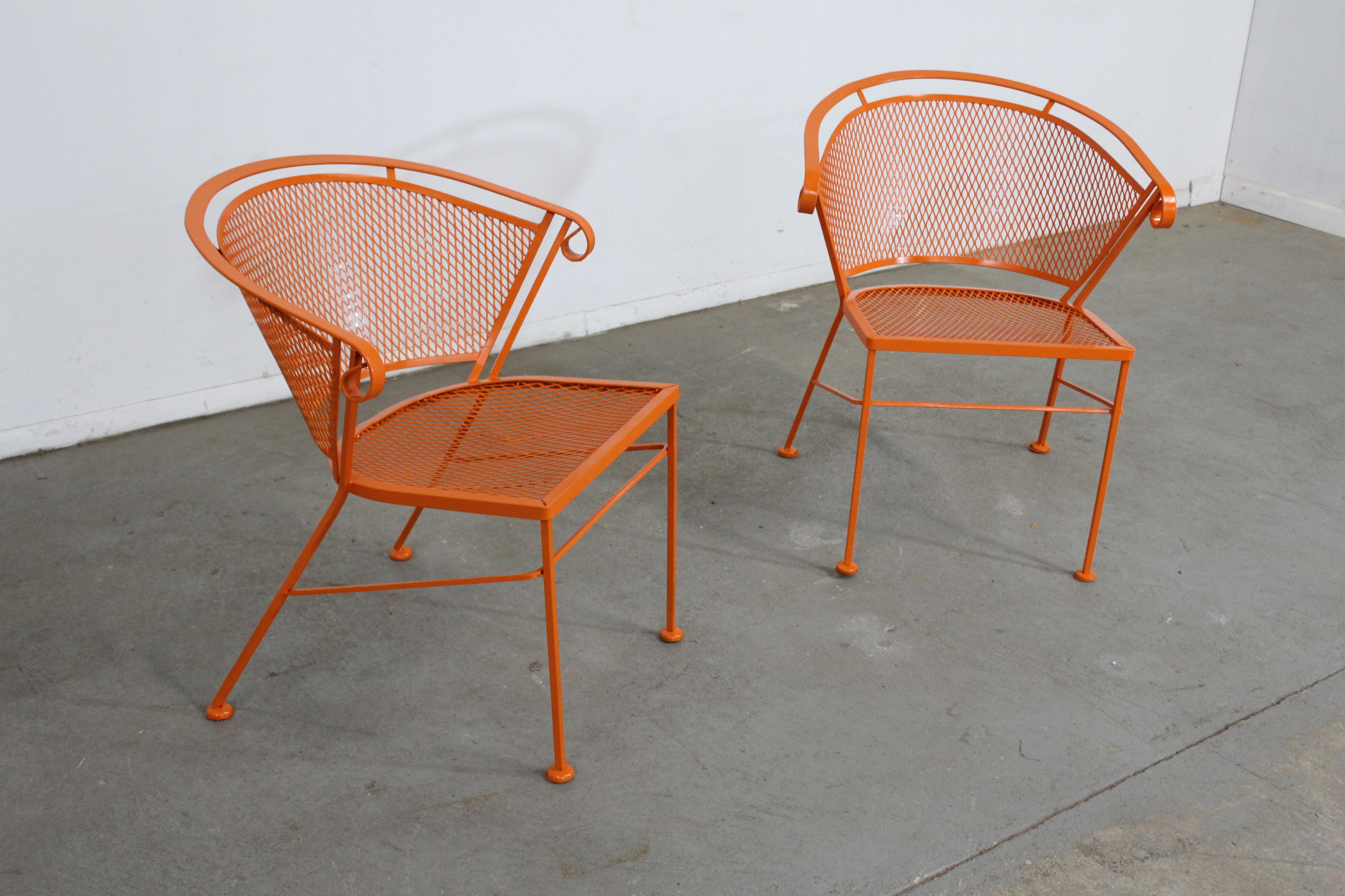 American Pair of Mid-Century Modern Atomic Orange Outdoor Metal Curved Back Chairs