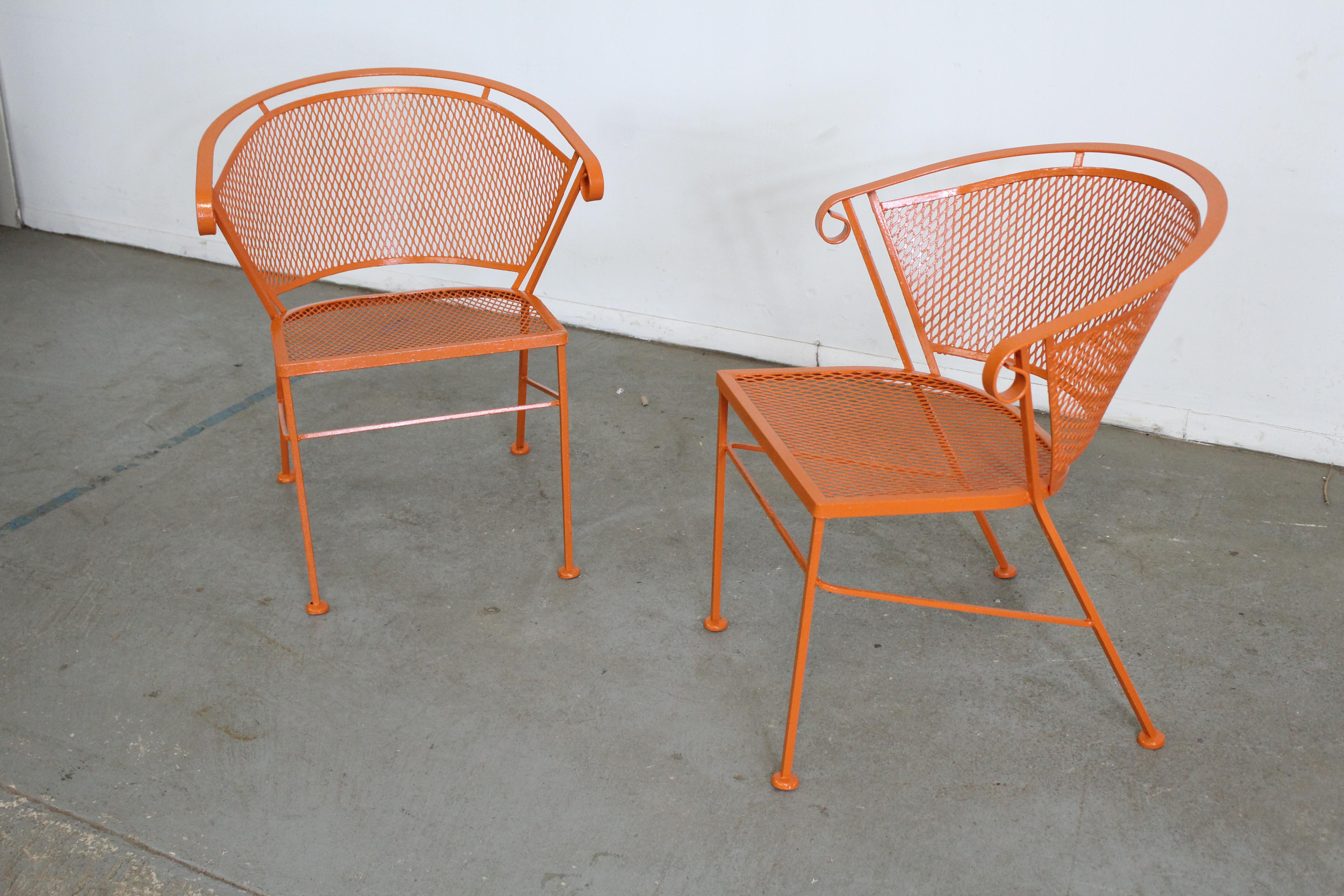 American Pair of Mid-Century Modern Atomic Orange Outdoor Metal Curved Back Chairs