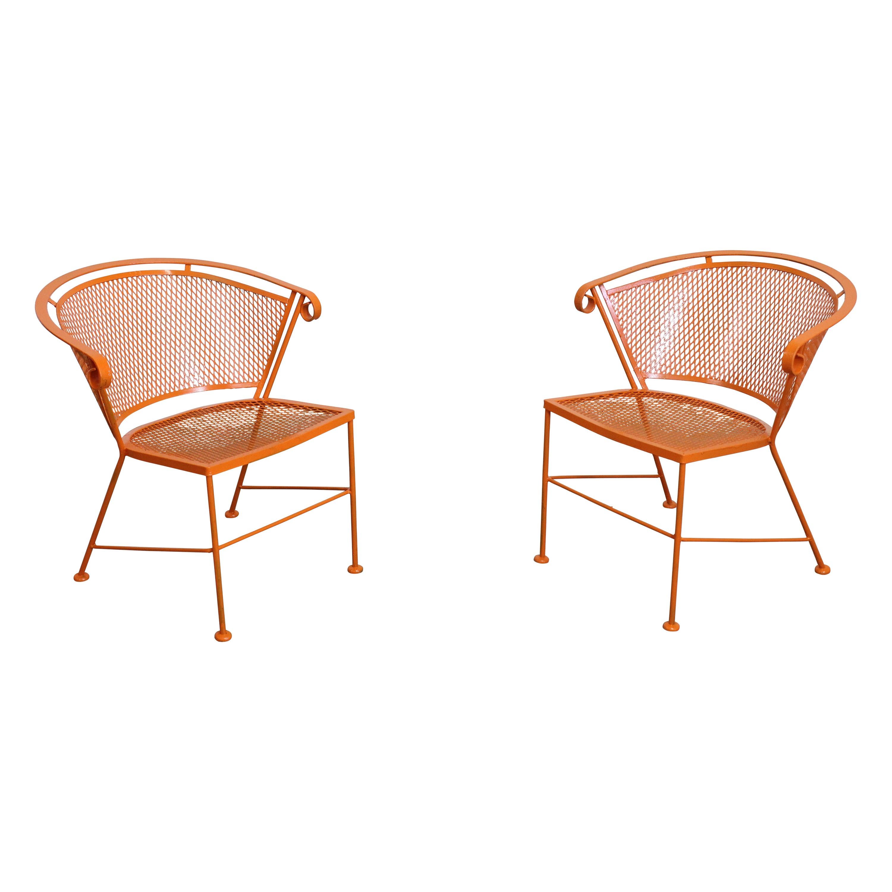 Pair of Mid-Century Modern Atomic Orange Outdoor Metal Curved Back Chairs