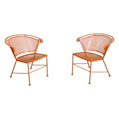 Vintage Pair of Mid-Century Modern Atomic Orange Outdoor Metal Curved Back Chairs