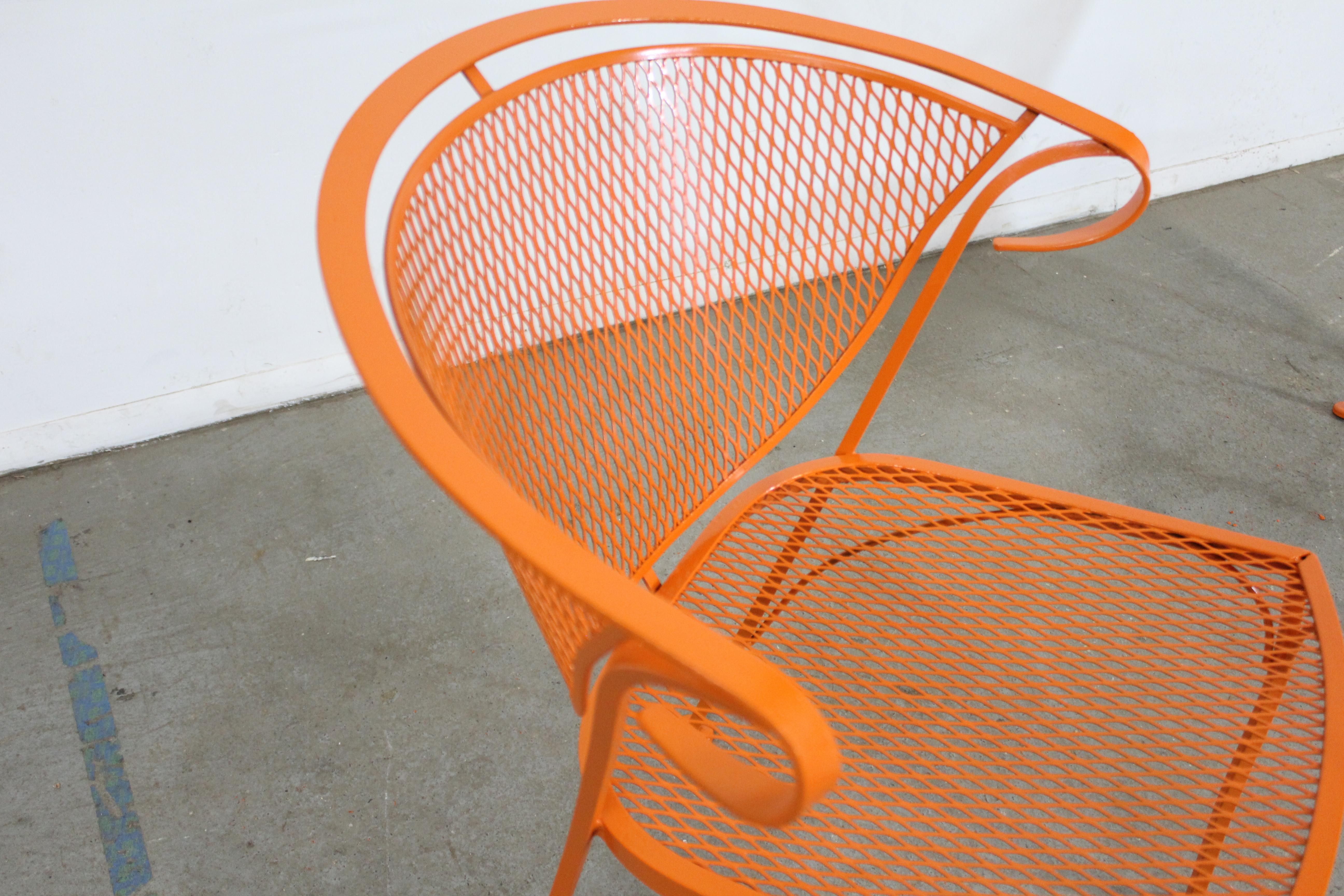Pair of Mid-Century Modern Atomic Orange Outdoor Metal Curved Back Chairs Set B For Sale 5