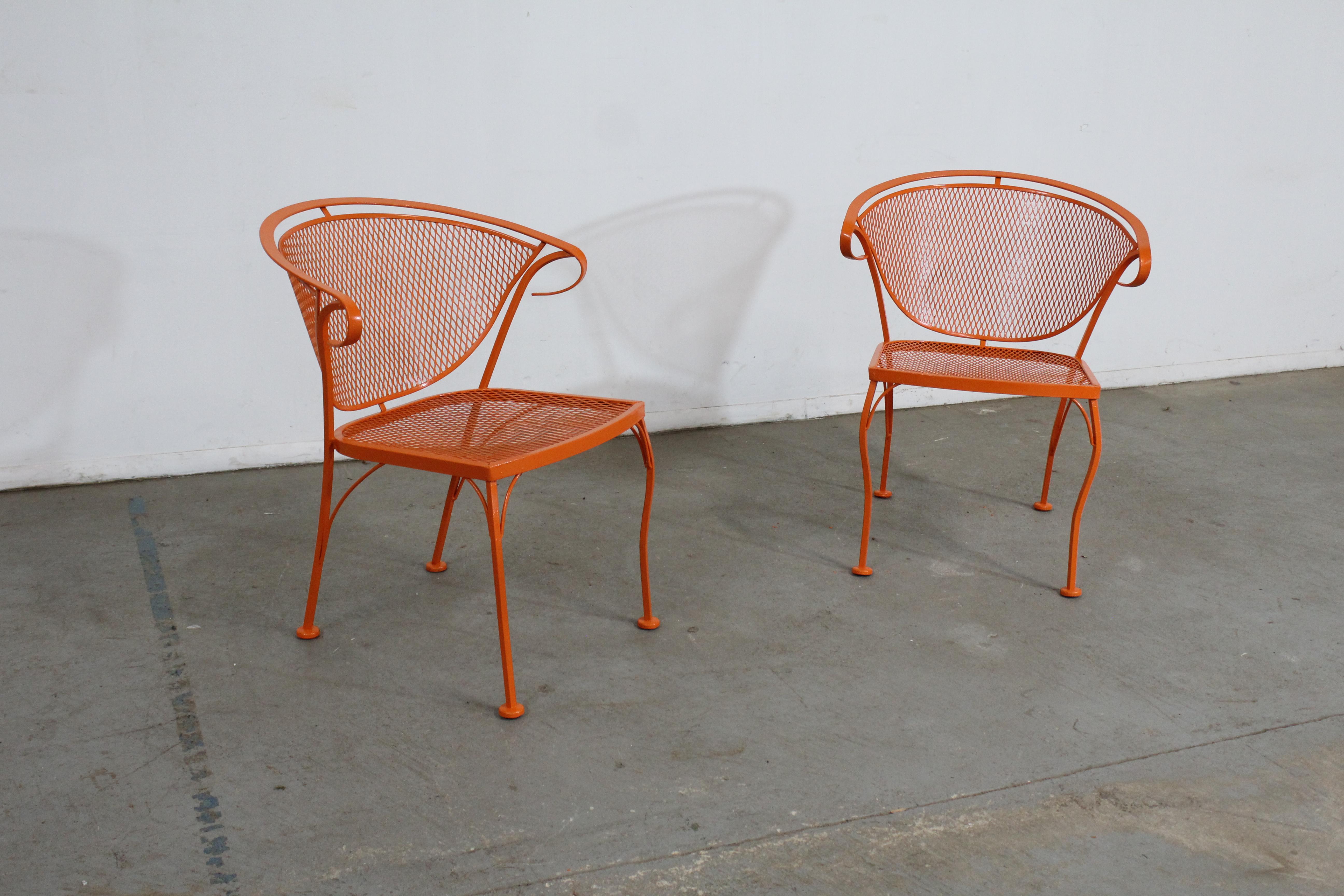 Pair of Mid-Century Modern Atomic Orange Salterini Style Outdoor Metal Curved Back Chairs Set B

Offered is a pair of Pair of Mid-Century Modern Atomic orange Outdoor Metal Curved Back Chairs, circa 1968. These chairs have been repainted in an