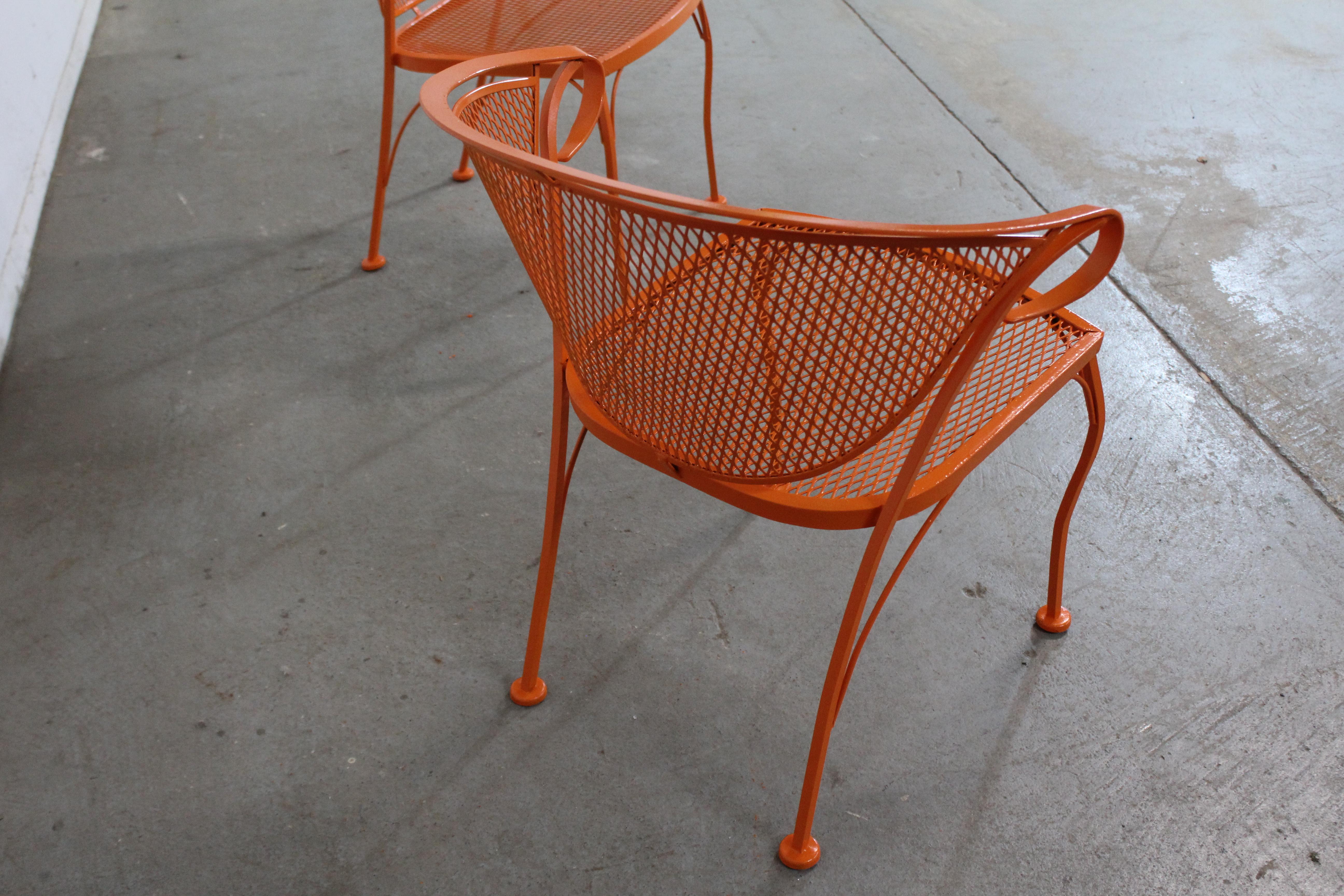 American Pair of Mid-Century Modern Atomic Orange Outdoor Metal Curved Back Chairs Set B For Sale