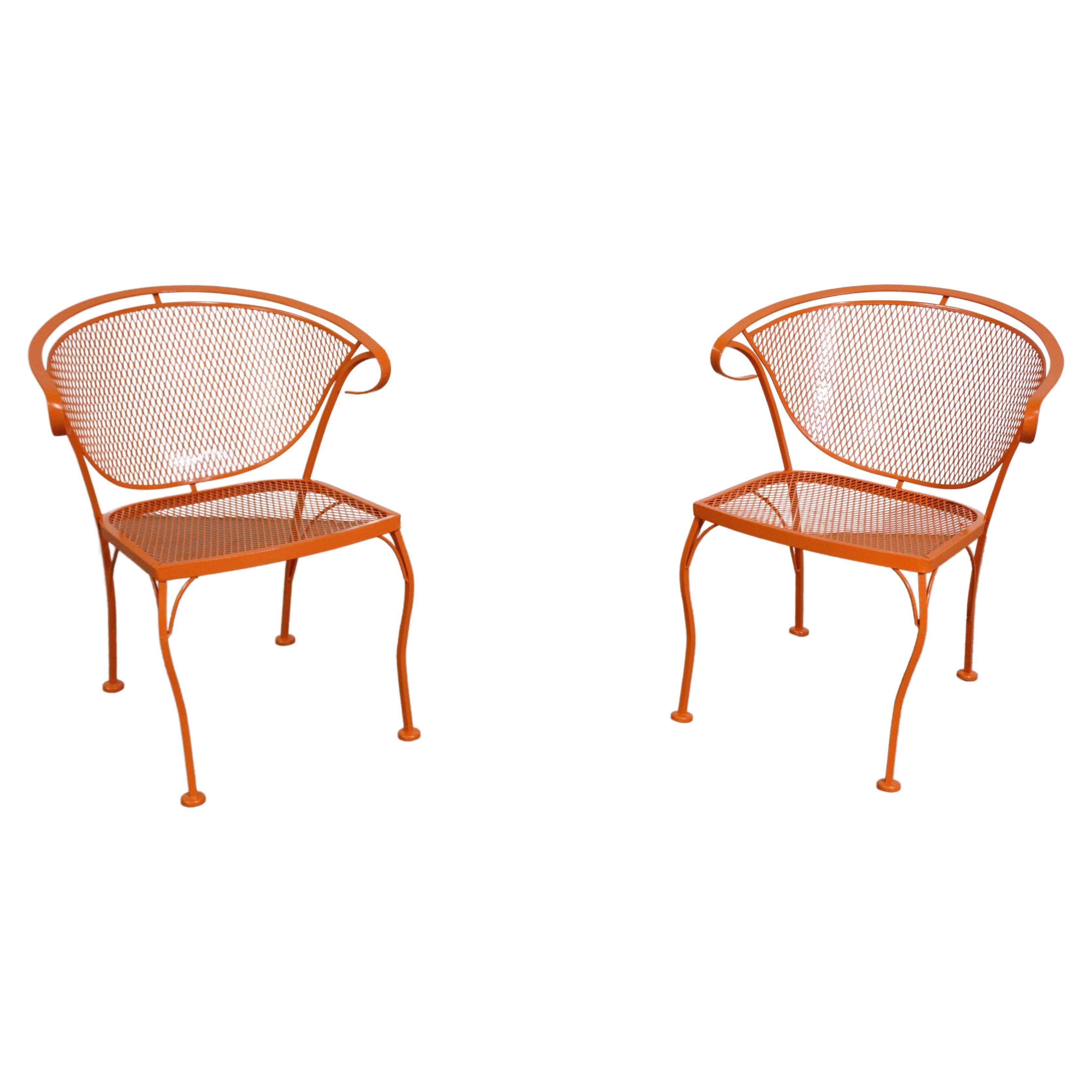 Pair of Mid-Century Modern Atomic Orange Outdoor Metal Curved Back Chairs Set B