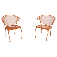 Retro Pair of Mid-Century Modern Atomic Orange Outdoor Metal Curved Back Chairs Set B