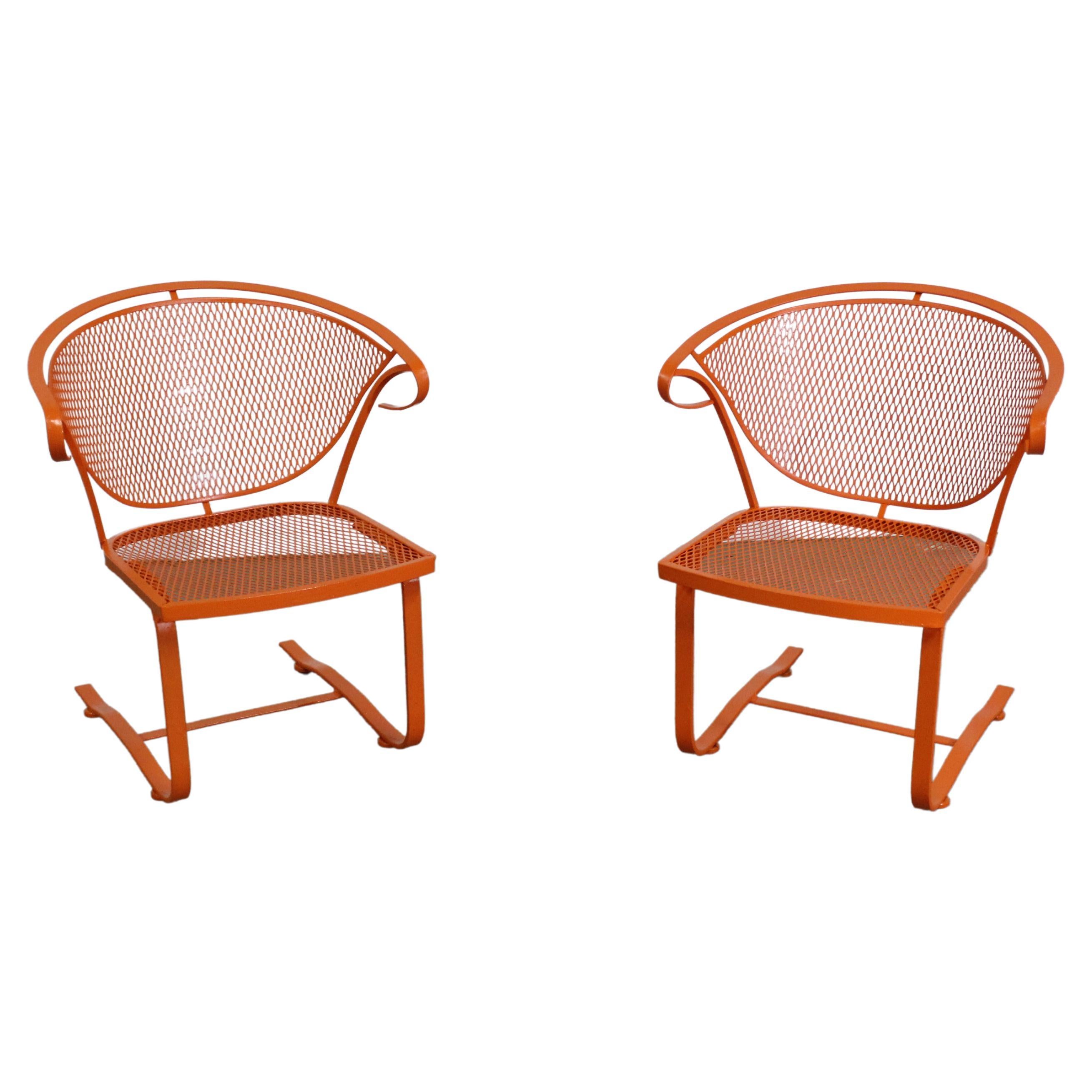Pair of Mid-Century Modern Atomic Orange Salterini Style Outdoor Metal Curved Ba