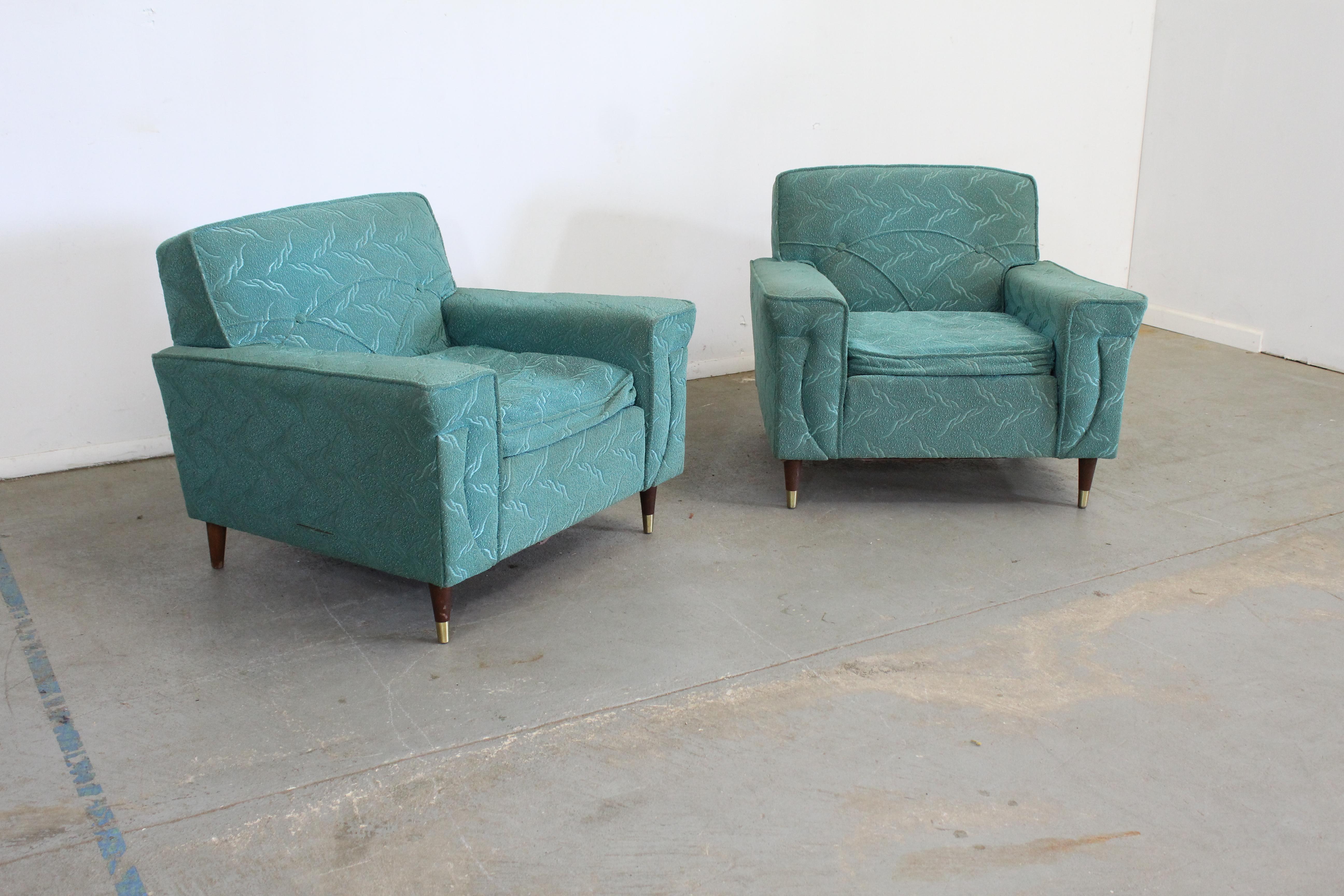 Pair of ball and claw fireside wingback chairs by Thomasville

Offered is a pair of Mid-Century Modern Atomic teal club chairs. The chairs have a great look with nice lines, design, and look. The chairs are in good condition, but need new