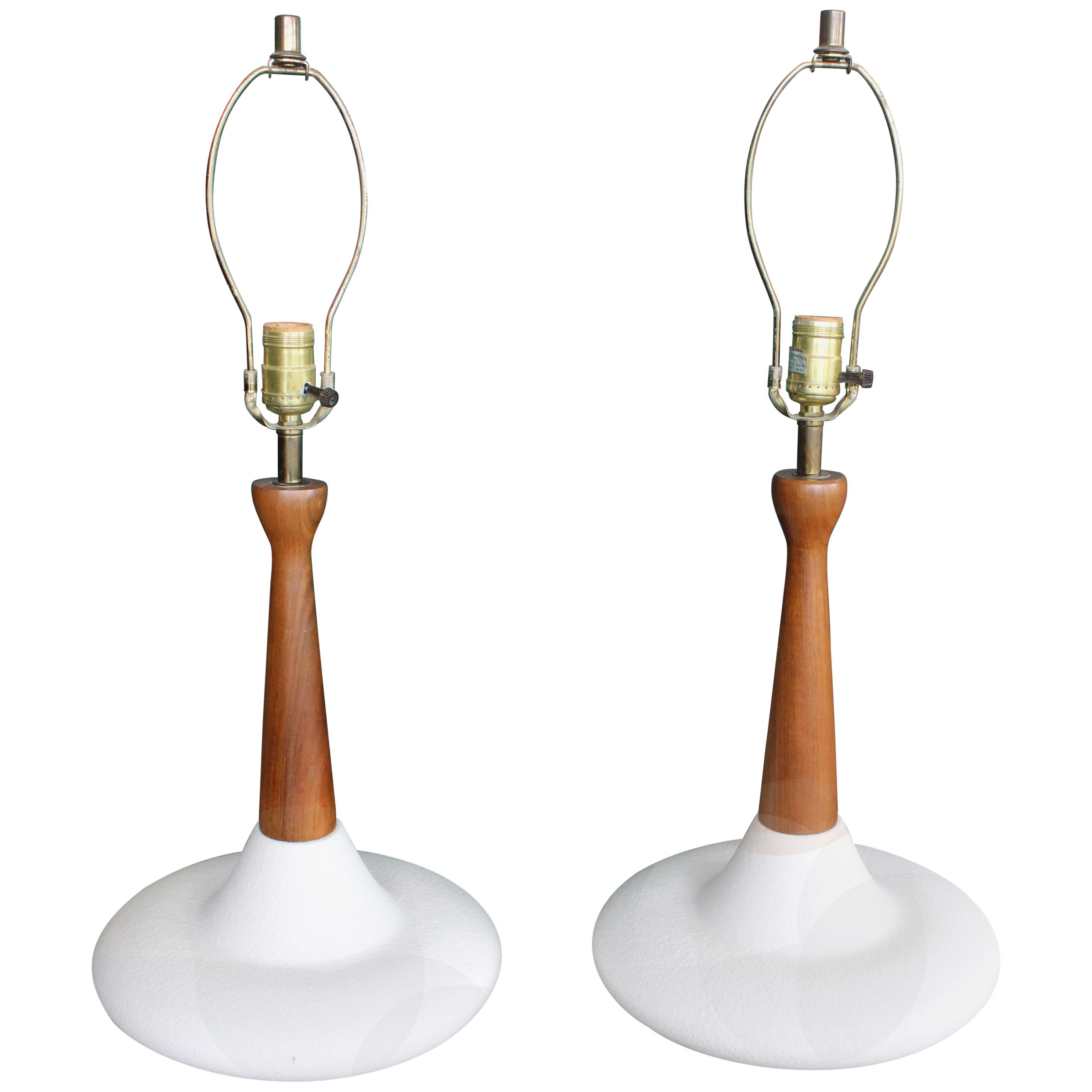 Pair of Mid-Century Modern Atomic Walnut Pottery Table Lamps