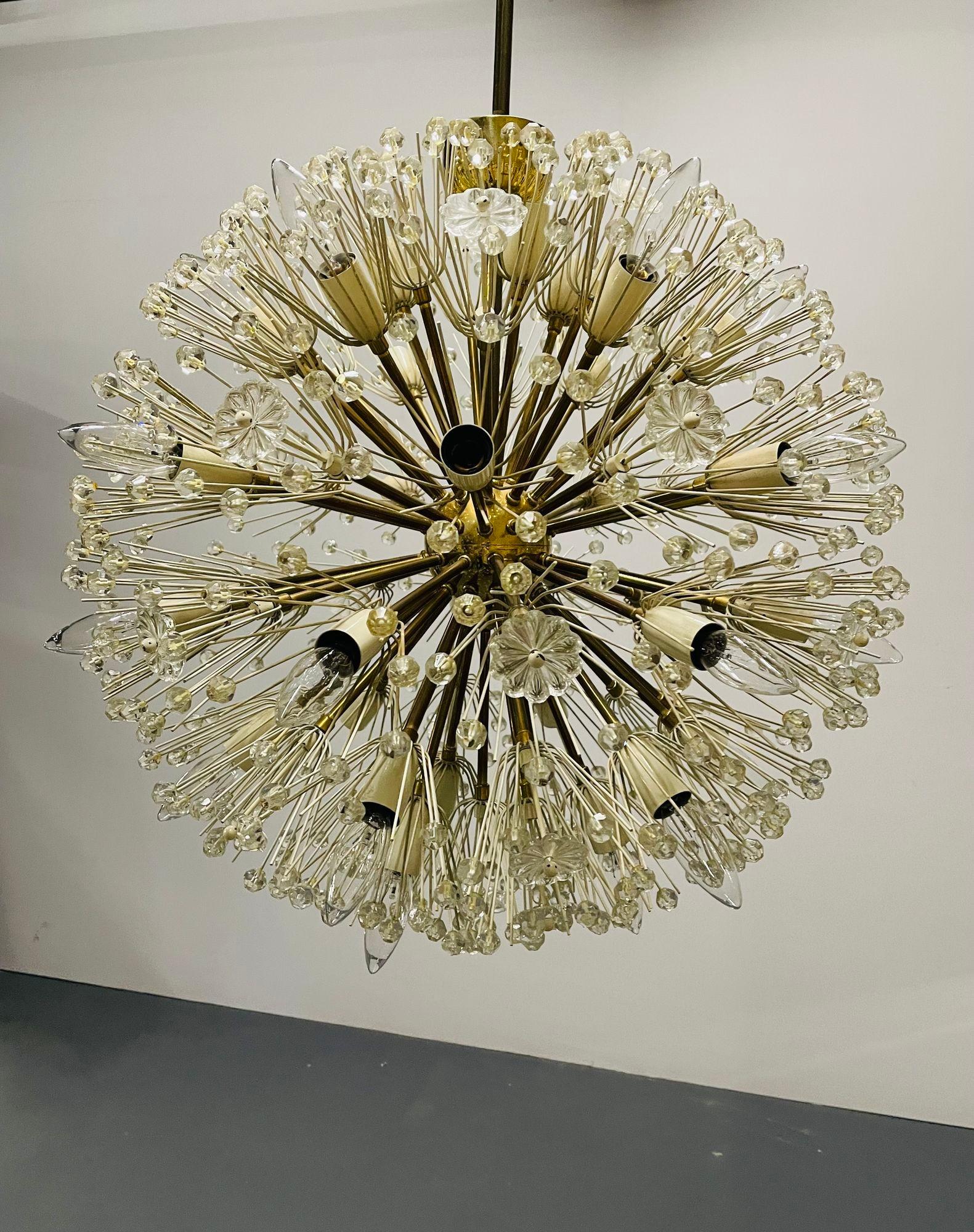 Pair of Mid-Century Modern Austrian Circular Chandeliers, Brass and Glass, 1960s In Good Condition For Sale In Stamford, CT