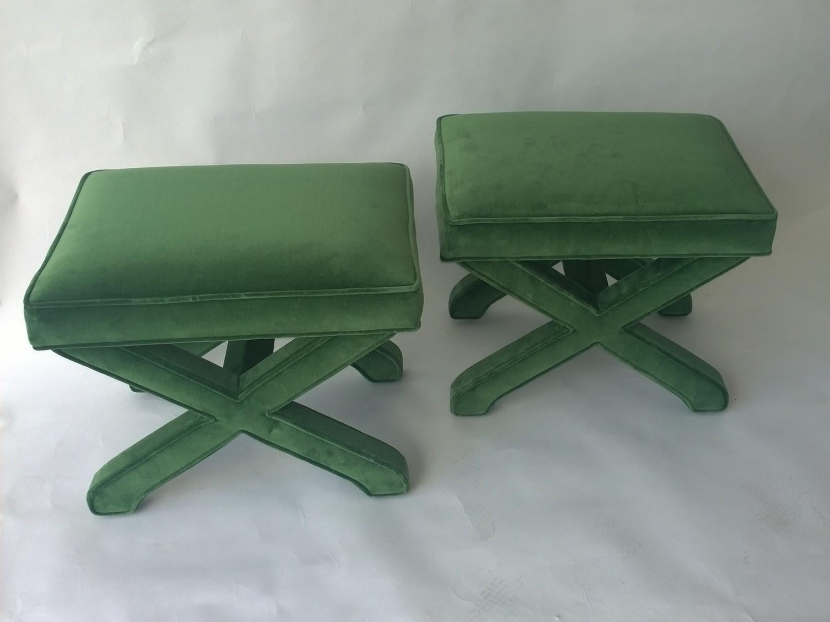 American Pair of Mid-Century Modern Baldwin/ Baughman Style X Benches in Green Velvet