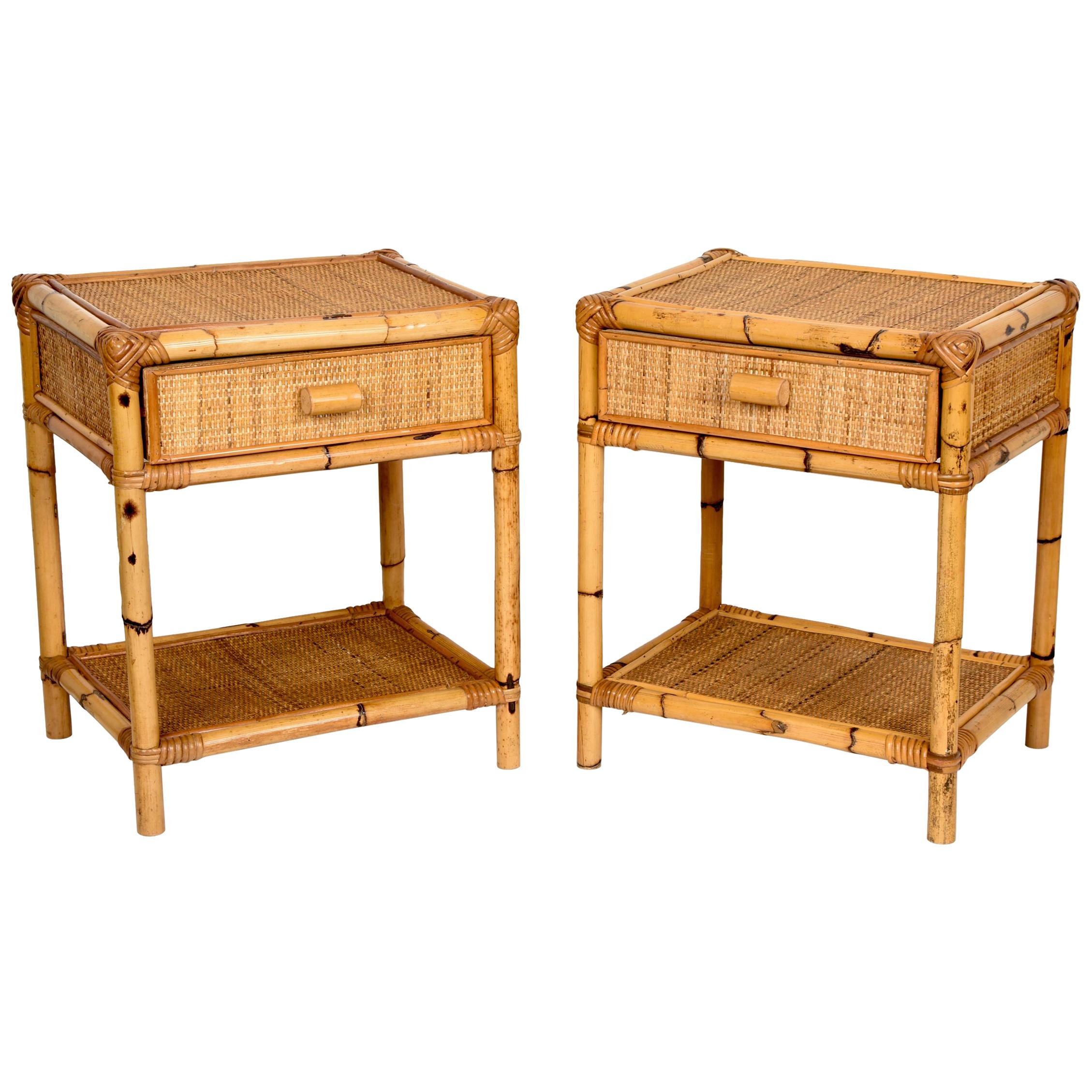 Pair of Mid-Century Modern Bamboo and Rattan Italian Bed Sideboards, 1960s