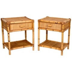 Pair of Mid-Century Modern Bamboo and Rattan Italian Bed Sideboards, 1960s