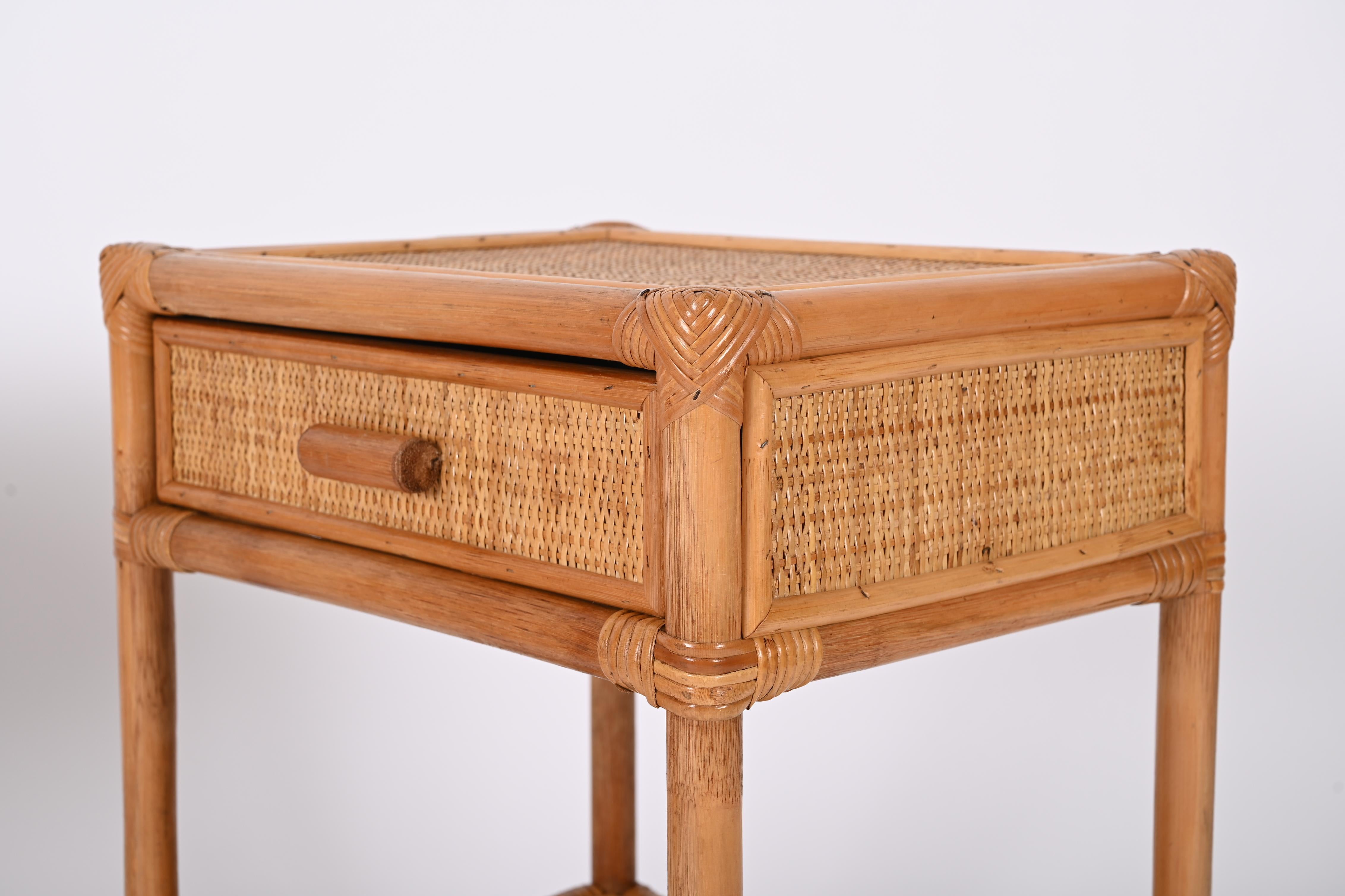 Pair of Mid-Century Modern Bamboo Cane and Rattan Italian Bedside Tables, 1970s 5