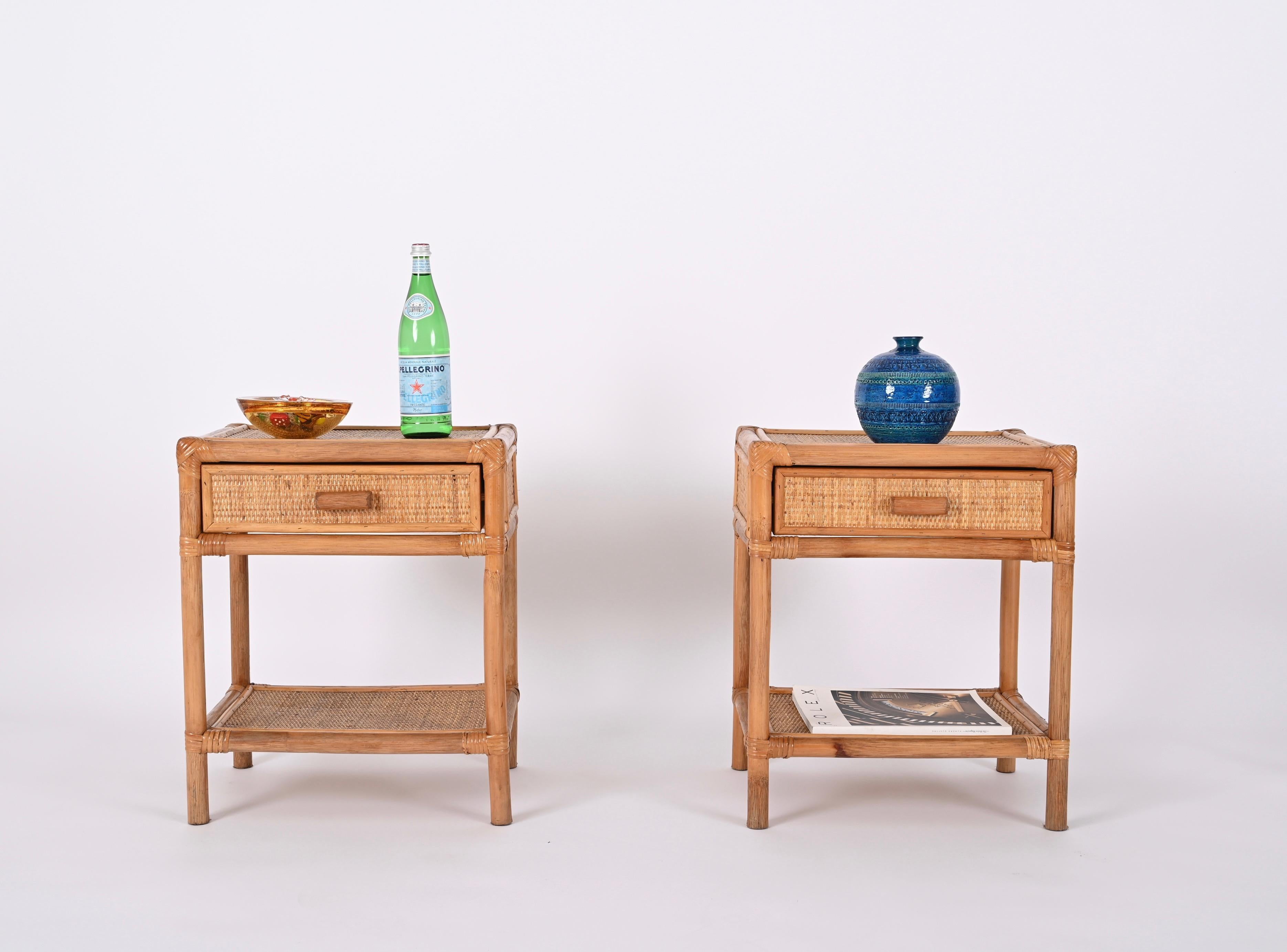 Pair of Mid-Century Modern Bamboo Cane and Rattan Italian Bedside Tables, 1970s 7