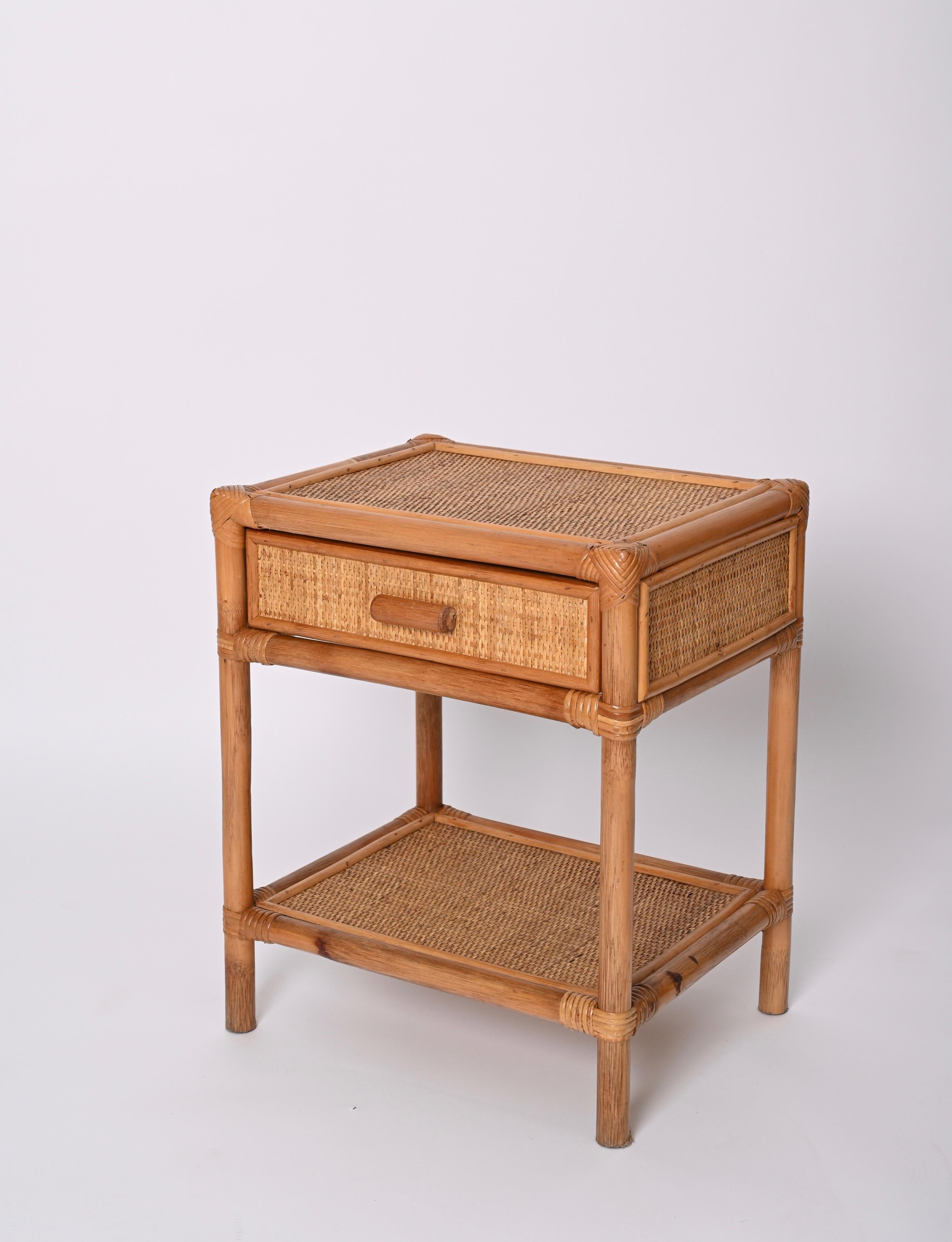 Pair of Mid-Century Modern Bamboo Cane and Rattan Italian Bedside Tables, 1970s 11