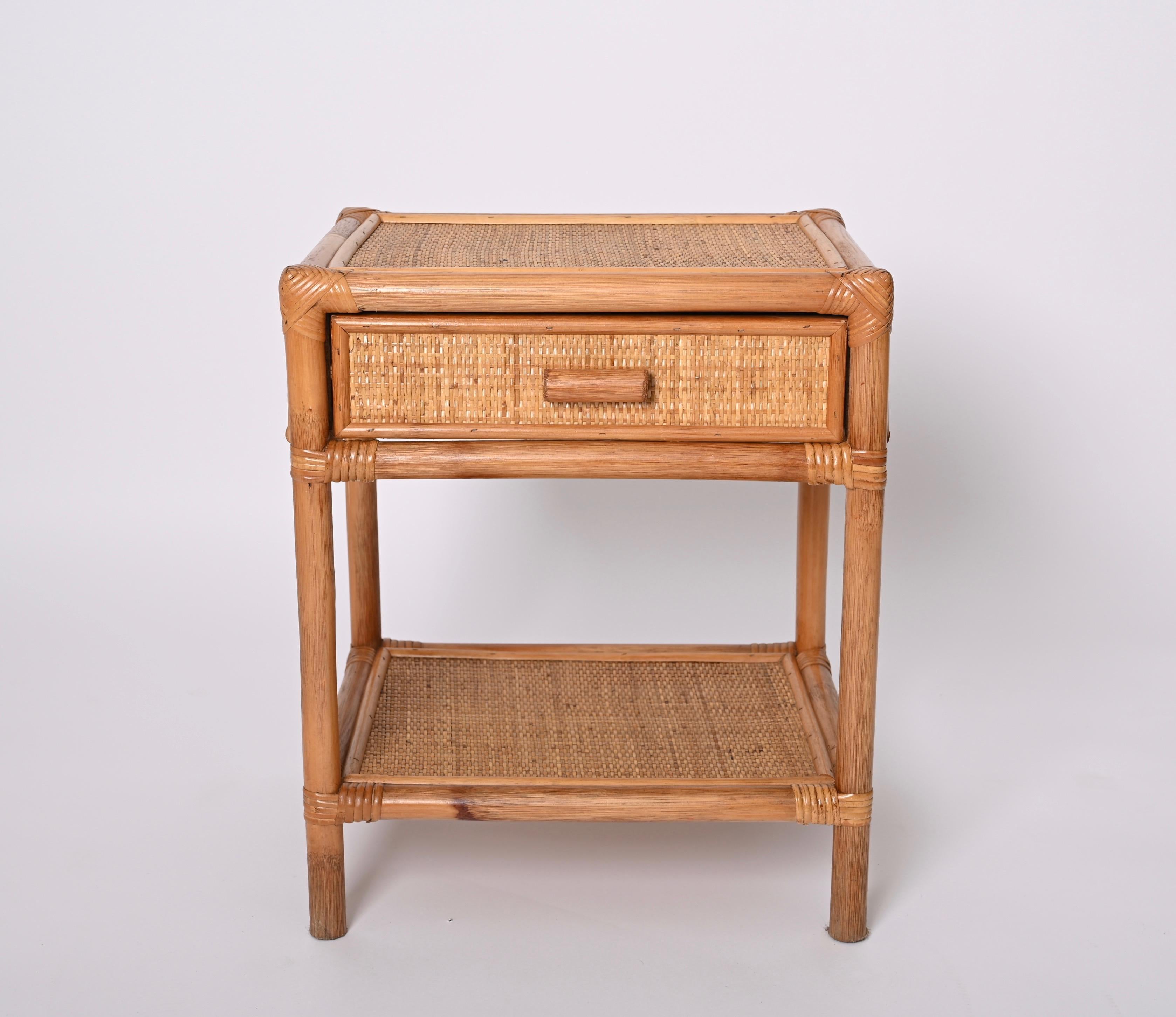 Pair of Mid-Century Modern Bamboo Cane and Rattan Italian Bedside Tables, 1970s 13