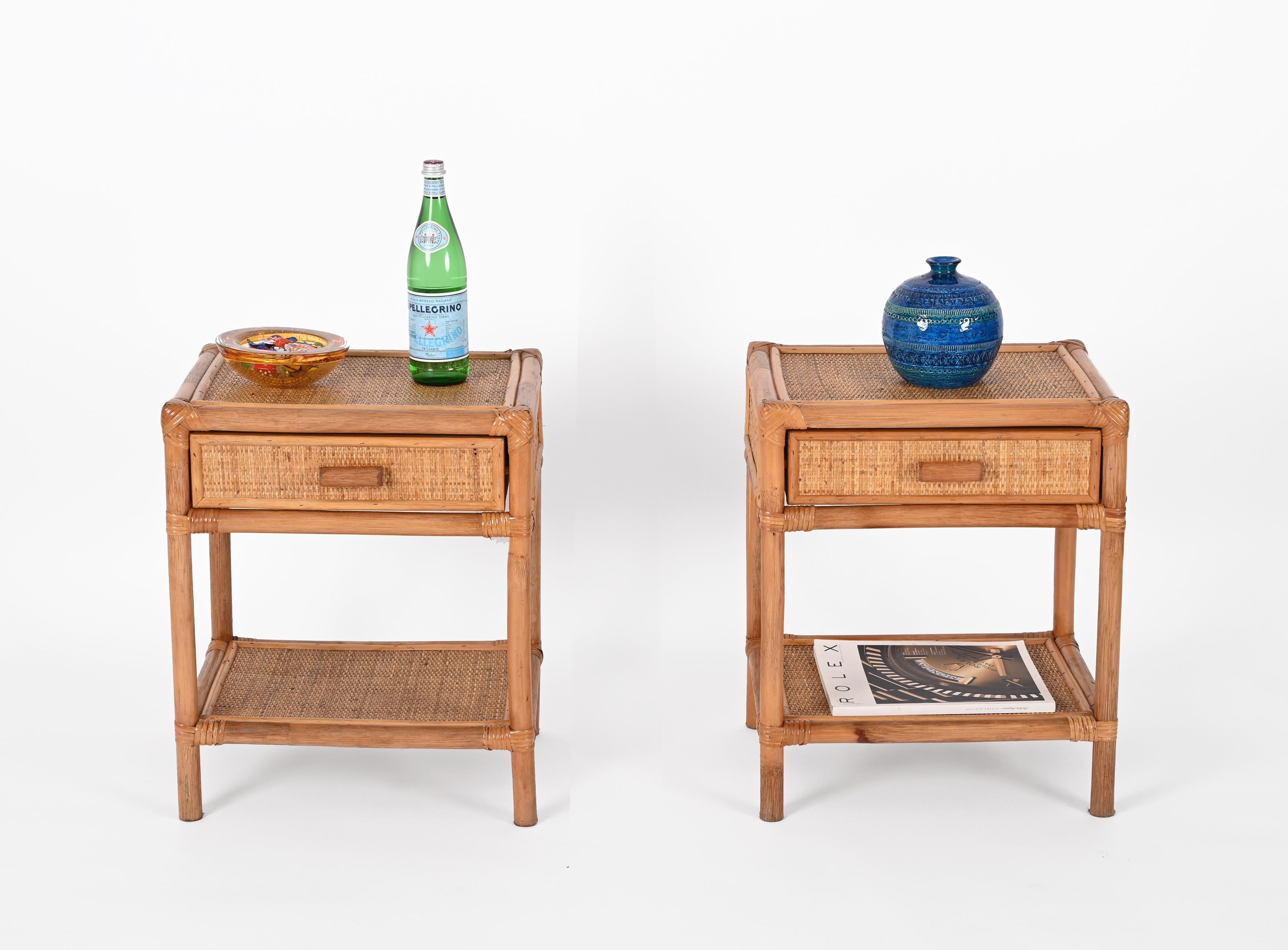 Stunning pair of Mid-Century Modern bamboo and rattan bedside tables. These fantastic pieces were designed in Italy during the 1970s.

The key features of this wonderful set are the beautiful rationalist straight lines, improved by using natural