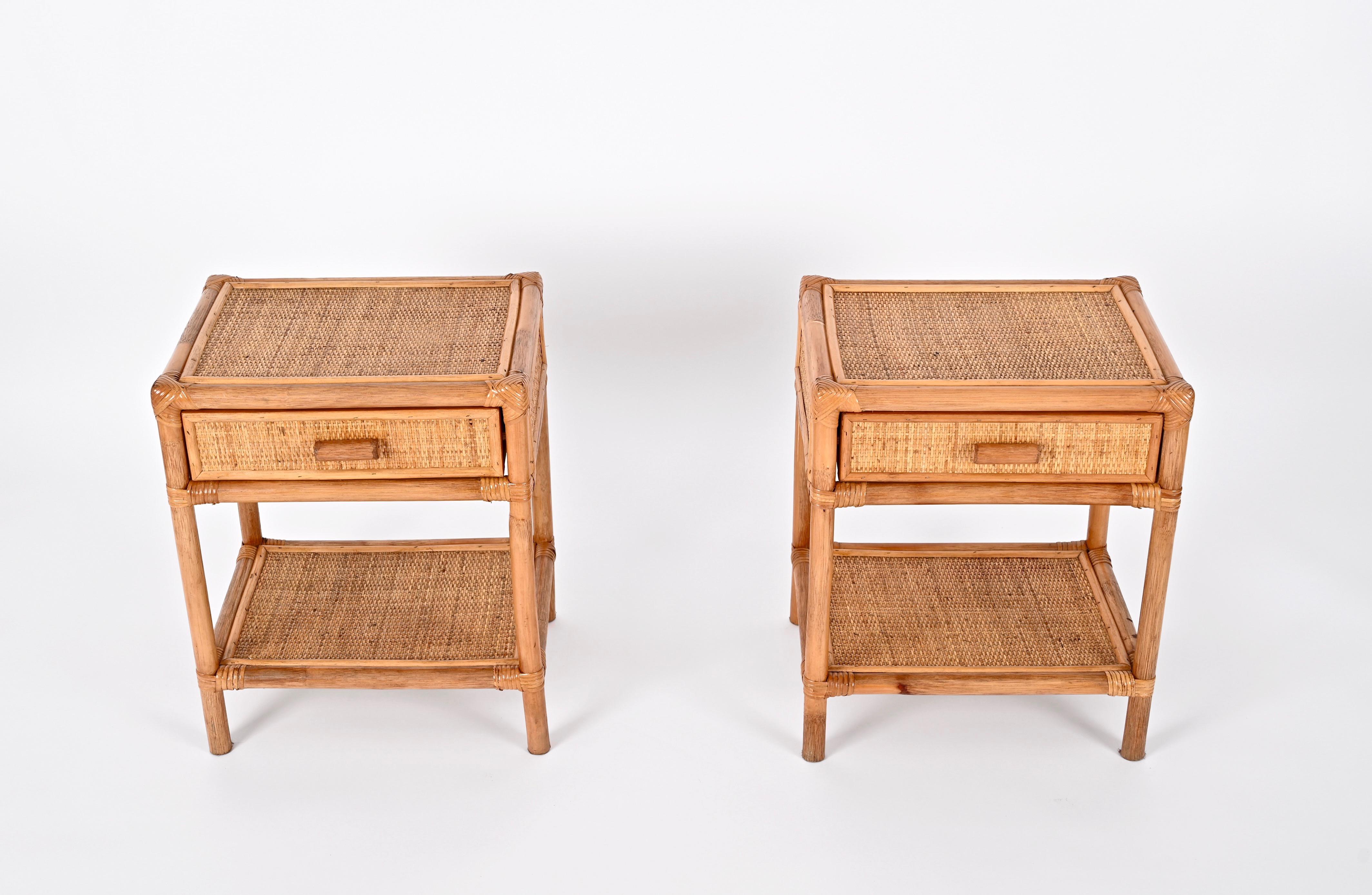 European Pair of Mid-Century Modern Bamboo Cane and Rattan Italian Bedside Tables, 1970s