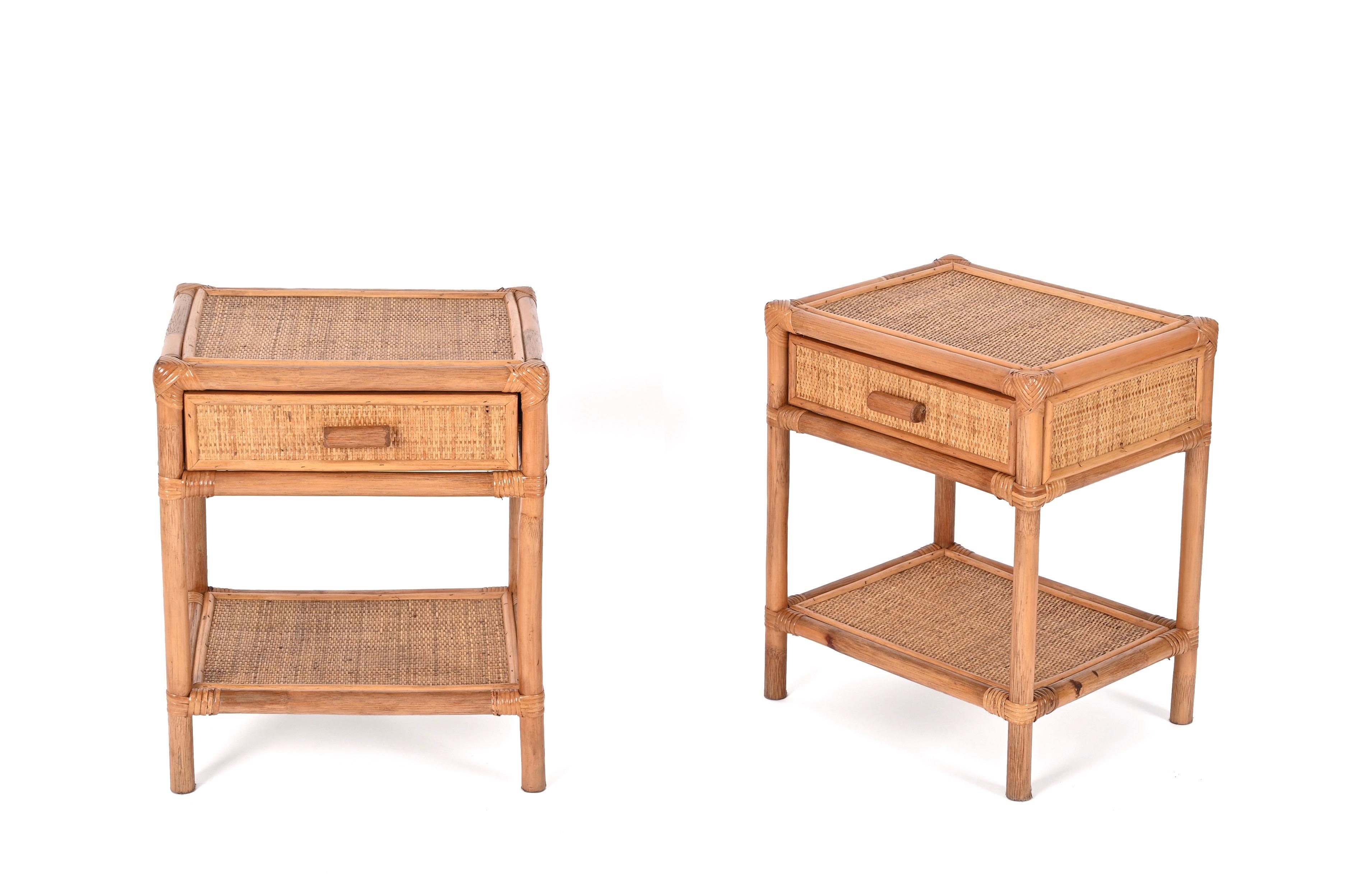 20th Century Pair of Mid-Century Modern Bamboo Cane and Rattan Italian Bedside Tables, 1970s