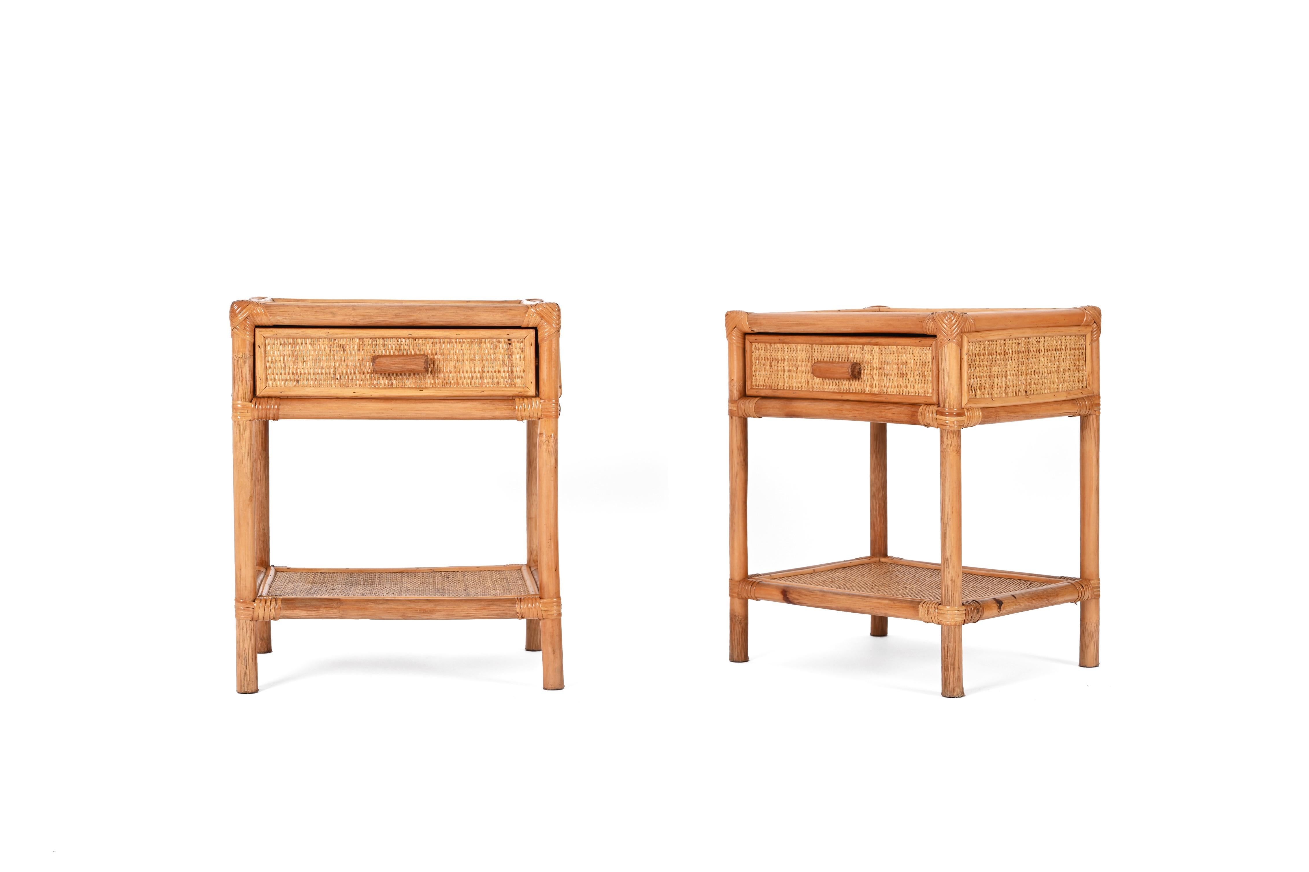 Pair of Mid-Century Modern Bamboo Cane and Rattan Italian Bedside Tables, 1970s 1