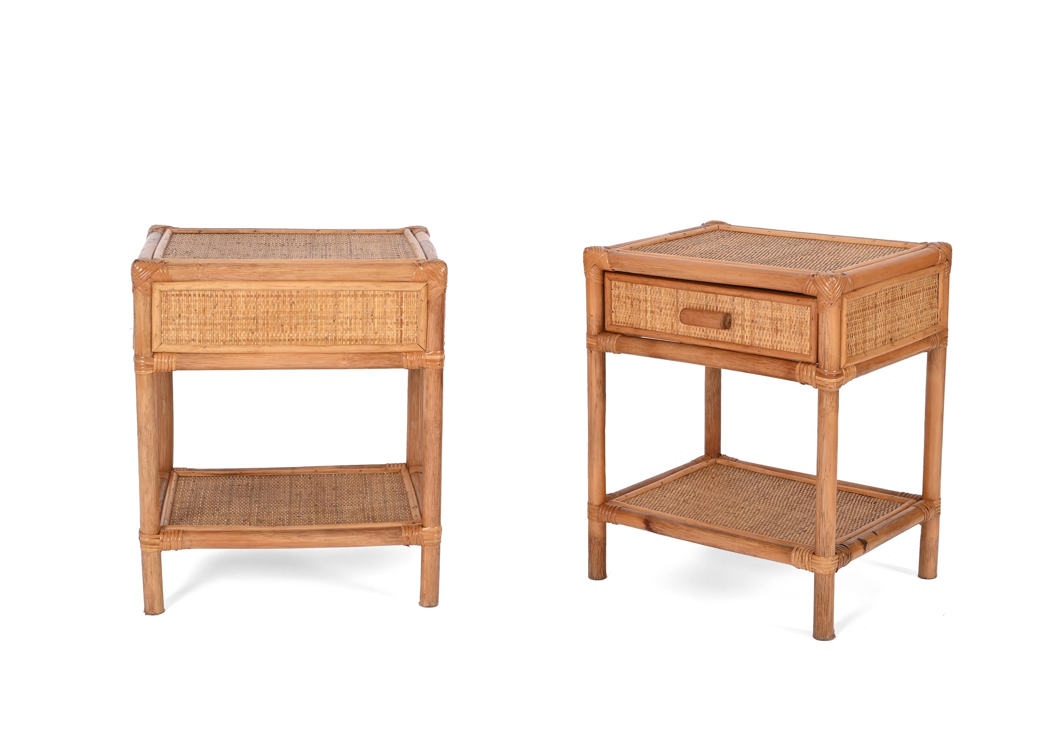 Pair of Mid-Century Modern Bamboo Cane and Rattan Italian Bedside Tables, 1970s 3